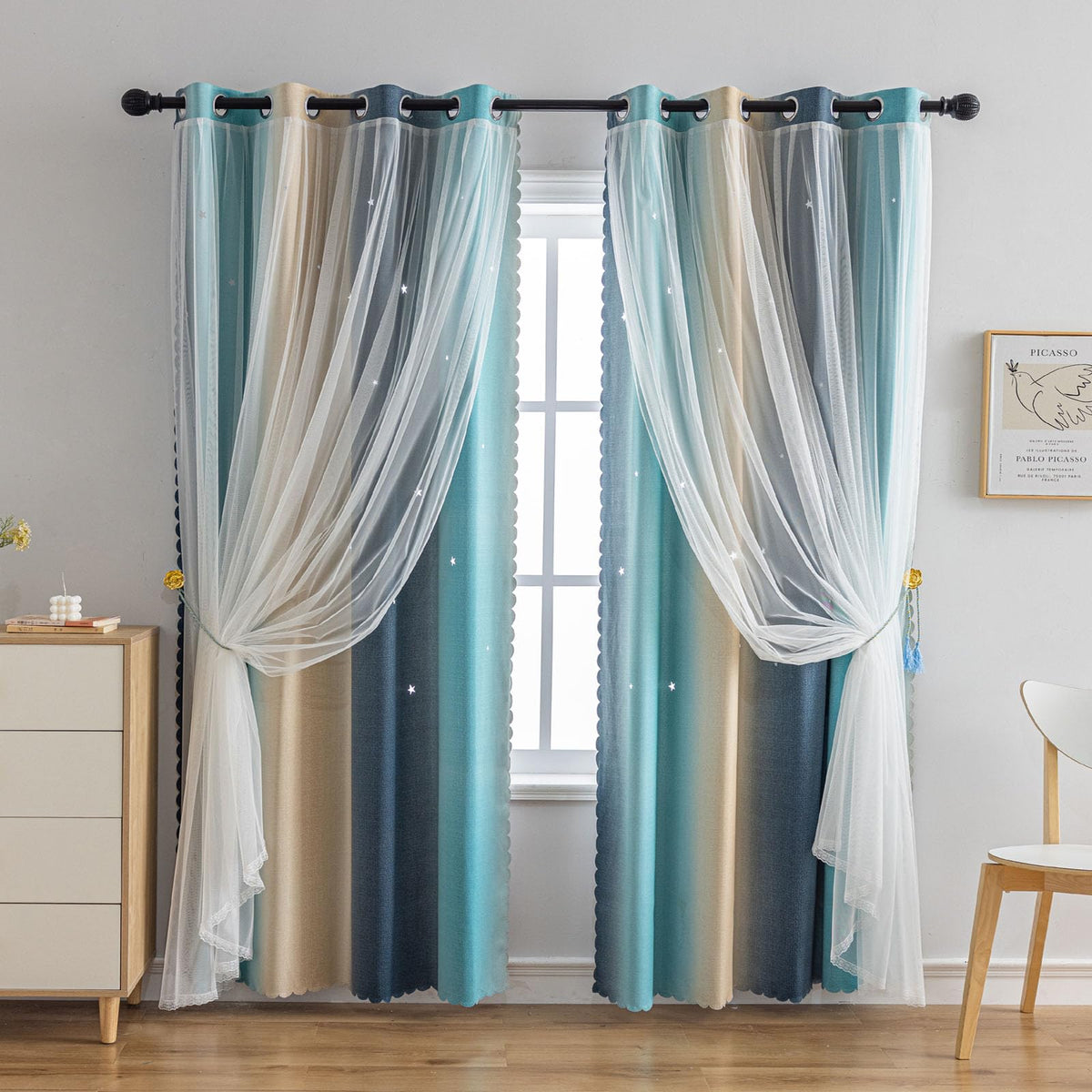 conokata Star Girl and Kids Curtains for Bedroom Rainbow Ombre Double Layer Cute Shot Nursery Darkening Grommet Princess Room Décor 2 Panels Living Room Window Curtain (Yellow-Blue, 52W x 63L)