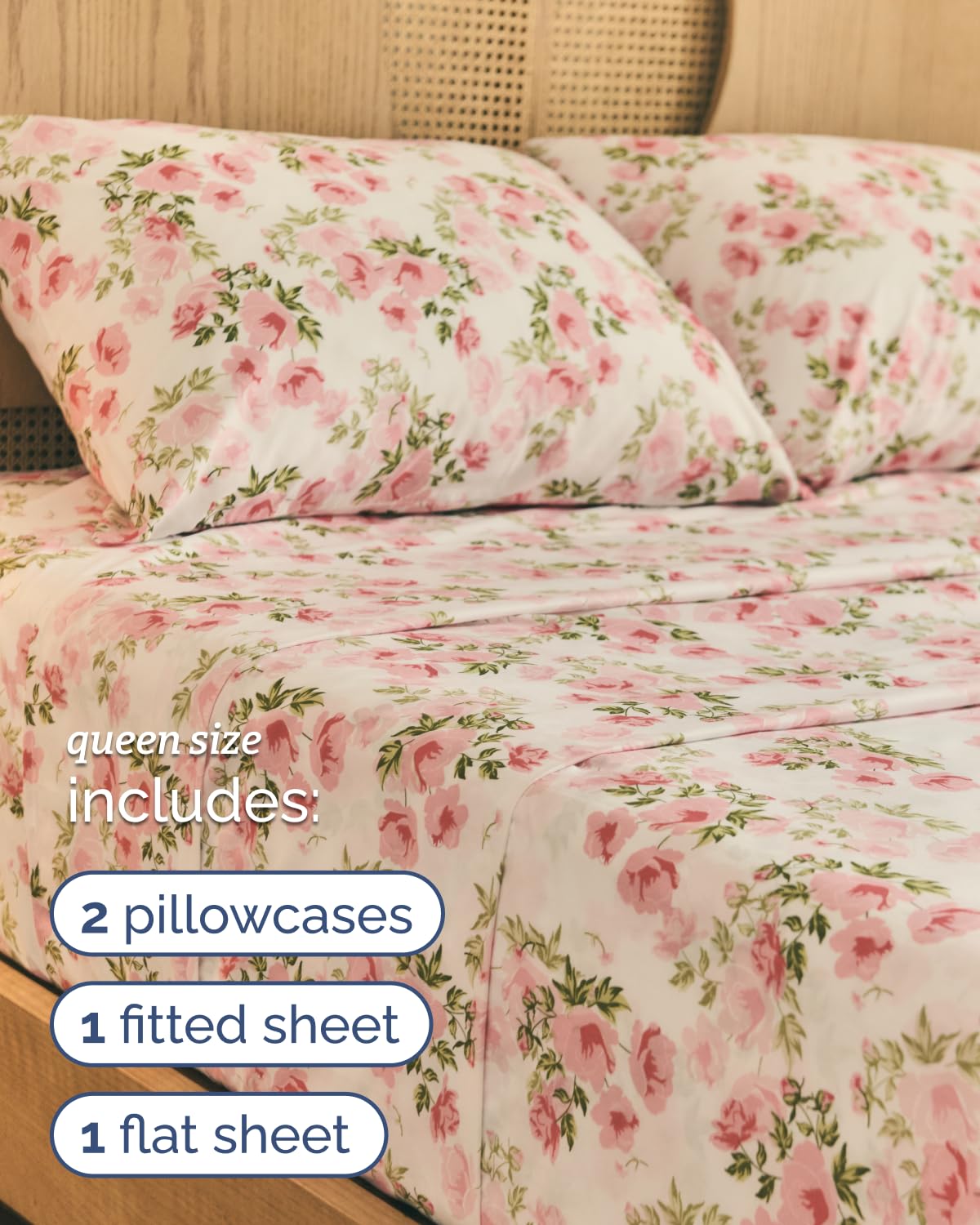 Floral Sheets - Pink Floral Bed Sheet Set - 1 Flat, 1 Fitted & 2 Pillowcases w/ Deep Pockets - Comfy, Wrinkle & Fade-Free - Boho Botanical Bedding - Ultra-Soft, Breathable & Cooling - Queen Size Set