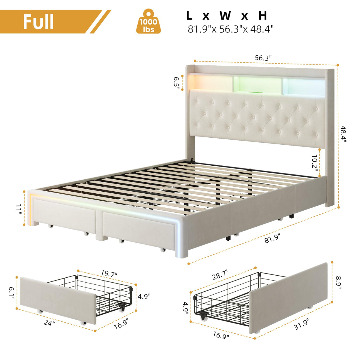 VINTLJUS Full LED Bed Frame with Storage Headboard & Charging Station, Velvet Fabric Platform Bed Frames with 4 Drawers, Button Tufted Upholstered, No Box Spring Needed, Noise Free, Beige
