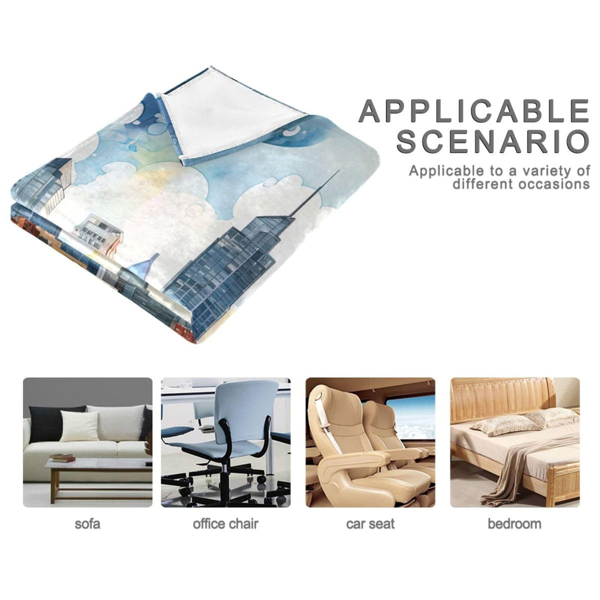 XYMZR City Skyline Watercolor Flannel Twin Blanket – 60” x 90”, Fashion Design, Ultra Soft, Lightweight, Washable Throw Blanket for Sofa, Bedroom, Dorm
