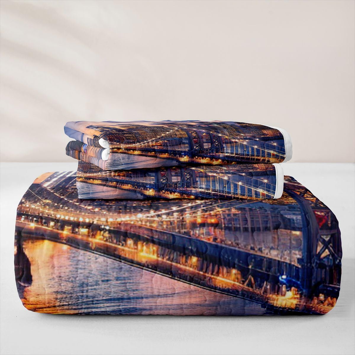 Erosebridal New York City Queen Quilt Bedding Set Cityscape Quilted Comforter Manhattan Skyline Bridge Bedspread Coverlet Sunset Scenery Quilted Blanket for Hot Sleepers Room Decor for Teen Girls