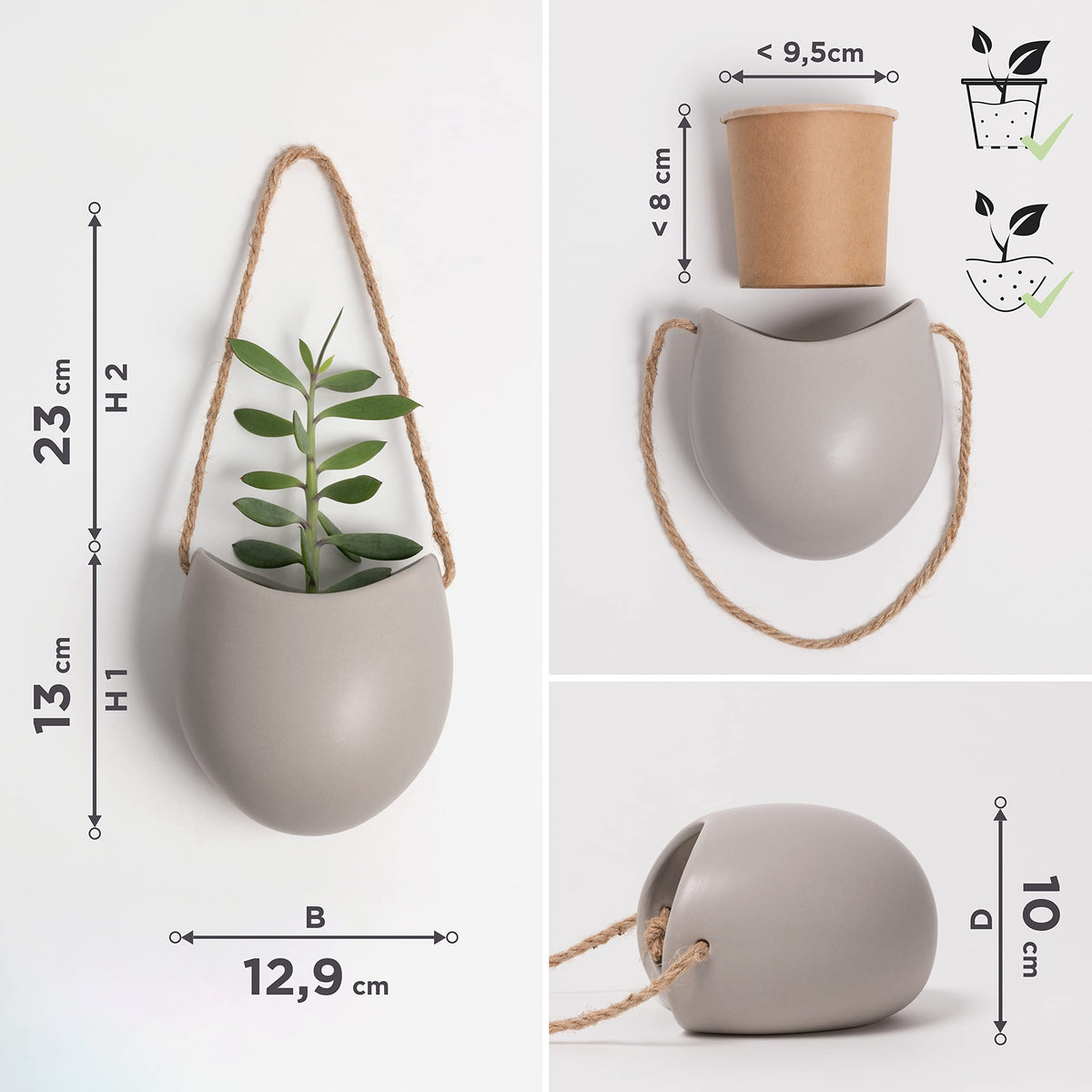 Kazai. Wall Planters -Ellie- | Hanging Ceramic Plant Pots 3 Pieces | Wall Decoration for Indoors, Balcony and Garden | Light Grey (Matte)