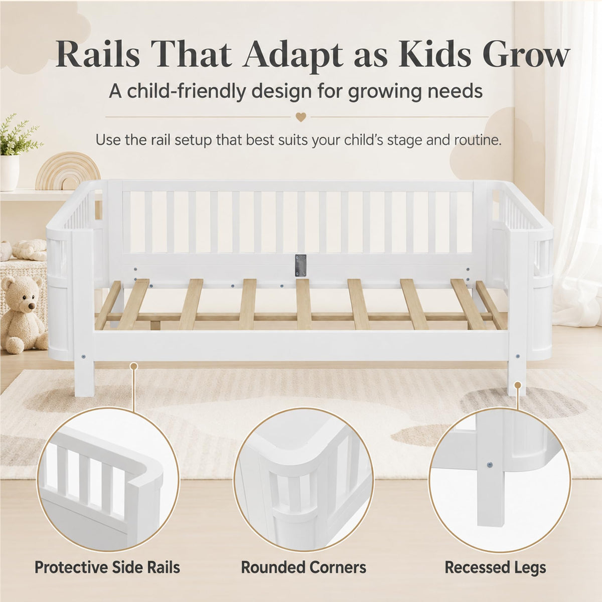 OYUMOENTS Full Size Kids Bed Frame, Low Profile Montessori Bed Full with Rails, Wood Daybed for Girls & Boys, No Spring Box Required, No Squeaks, White