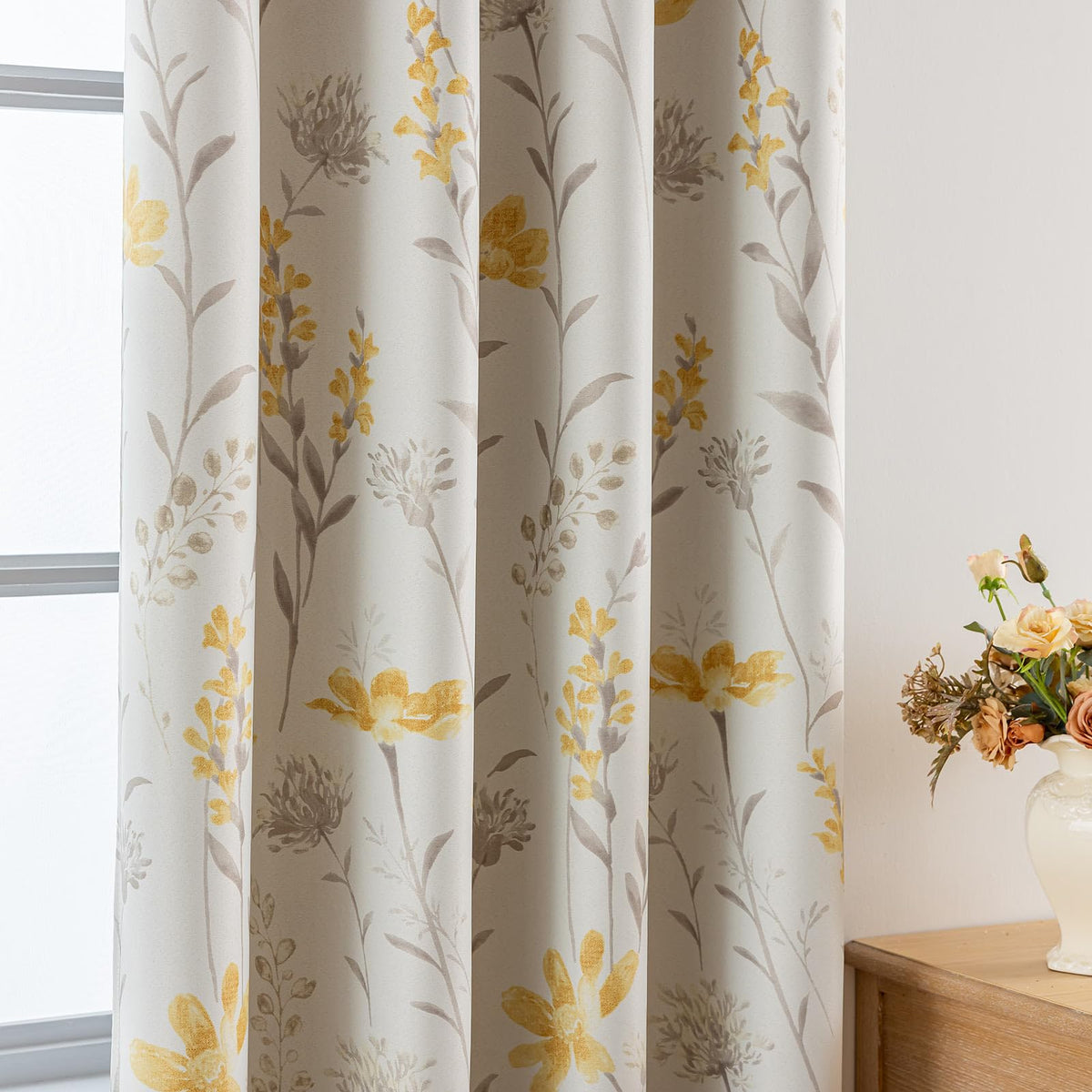 SUOUO Yellow Floral Blackout Curtains for Bedroom 96 inches Long Patterned Grey Leaf Thermal Insulated Window Drapes for Living Room 2 Panels