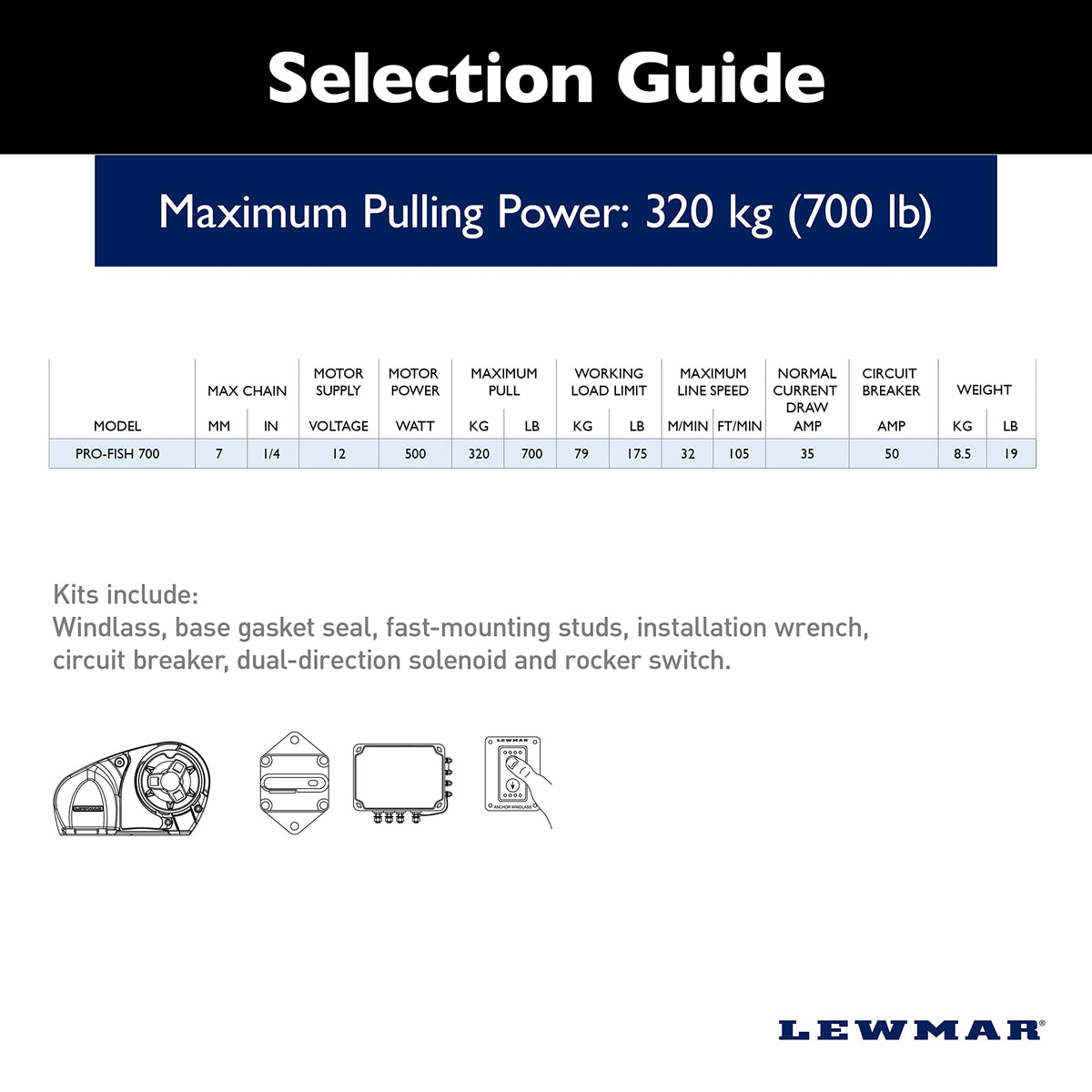 Lewmar Pro Fish 700 Fishing Windlass for 1/4" G4 Chain, Auto Free-Fall System, Maximum Pull 700 lbs., 316 Stainless Steel Construction, for Boats up to 38' - 2020201159