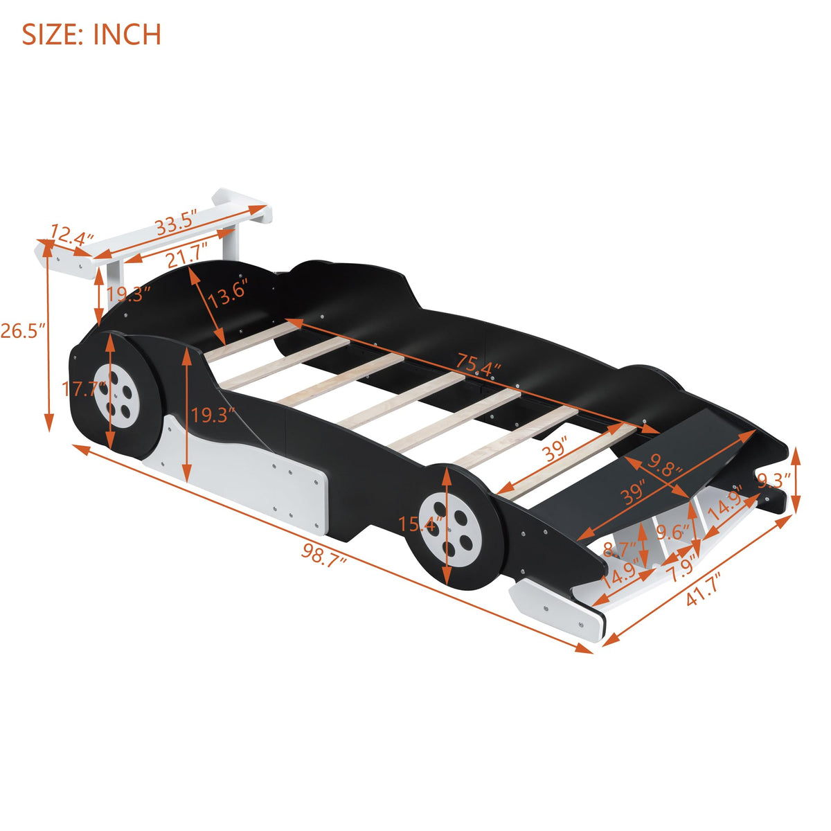 Merax Race Car Bed Frame Twin Size for Boys, Wood Car-Shaped Platform Bed with Wheels, Black
