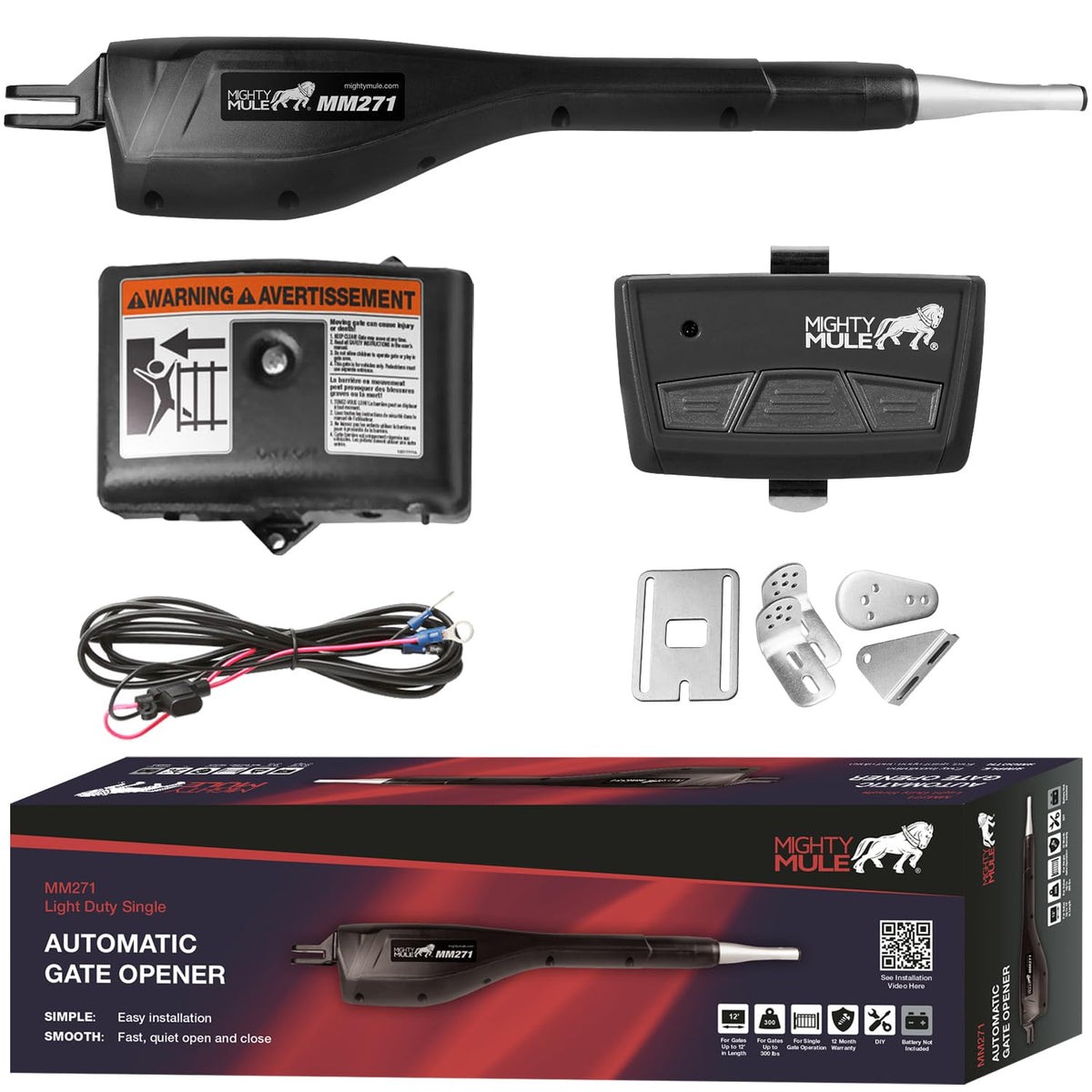 Mighty Mule MM271 Automatic Gate Opener, Solar Ready, Comes with Gate Opener Remote and More-Up to 12ft Long or 300lb, Black, 1 Gate Opener Kit