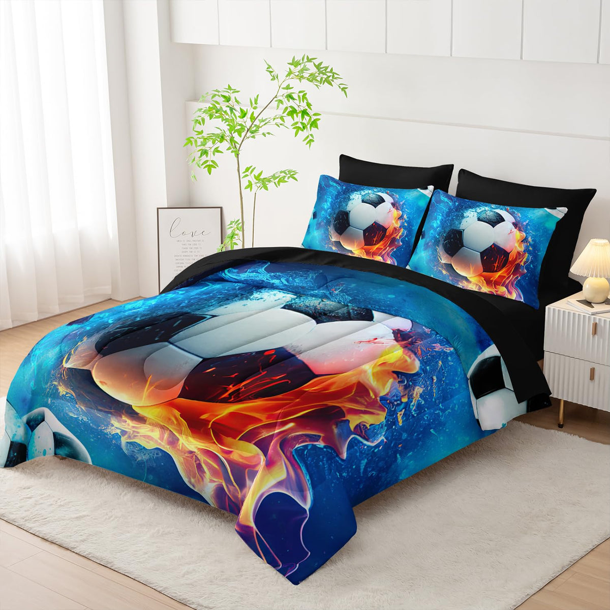 AILONEN Kids Soccer Comforter Set Full Size,7-Piece Soft Bed in a Bag,Ice and Fire Sport Boys Soccer Comforter & Fitted Sheet with Flat Sheet & 2 Pillowcases,2 Pillow Shams for Bedroom