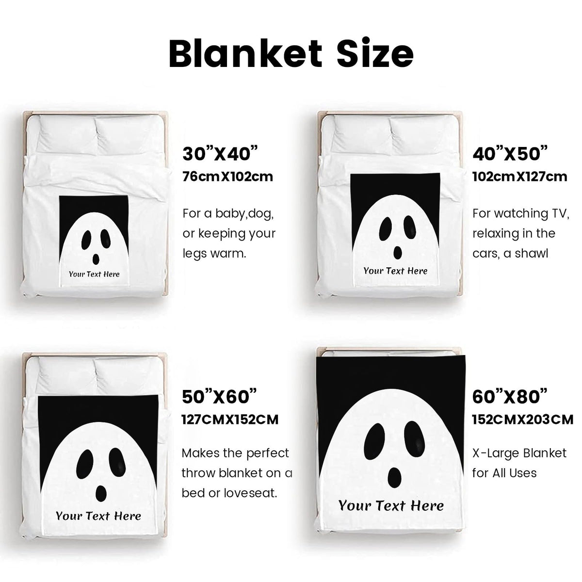 CUSFOU Halloween Throw Blanket Ghost, Personalized Blanket with Name, Cozy Flannel Blanket for Bed Couch Living Room, Black, 50" x 60"