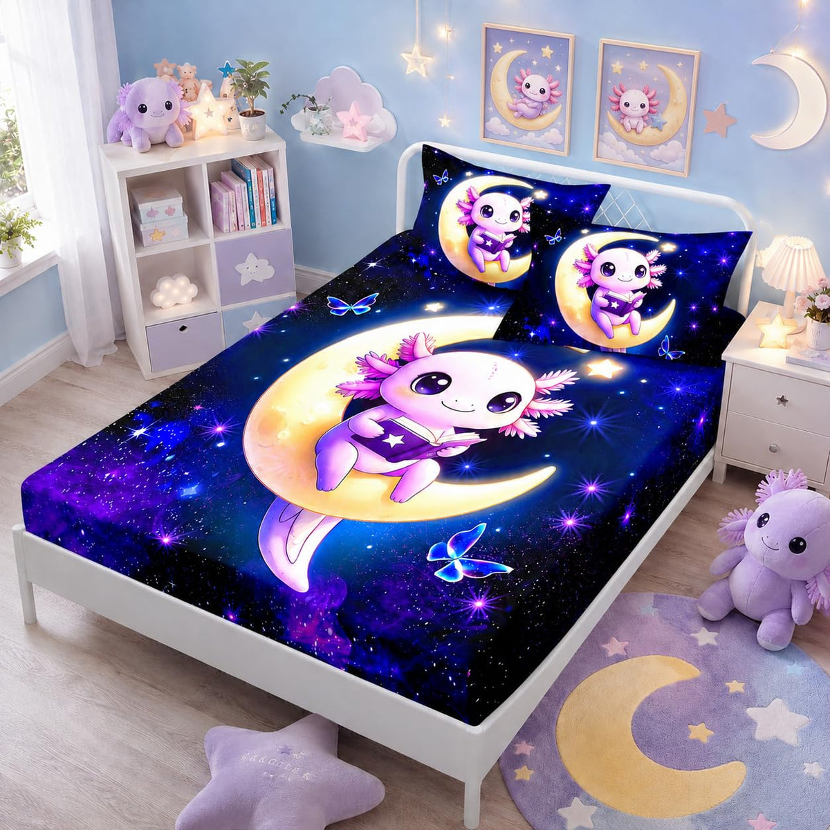 HOSIMA Kawaii Axolotl Twin Fitted Sheet for Kids,Axolotl Sitting on Moon Reading Book,Butterflies Pattern Aesthetic Galaxy Bedding Set for Teenage Girl Room Decor,1 Fitted Sheet+2 Pillowcases.