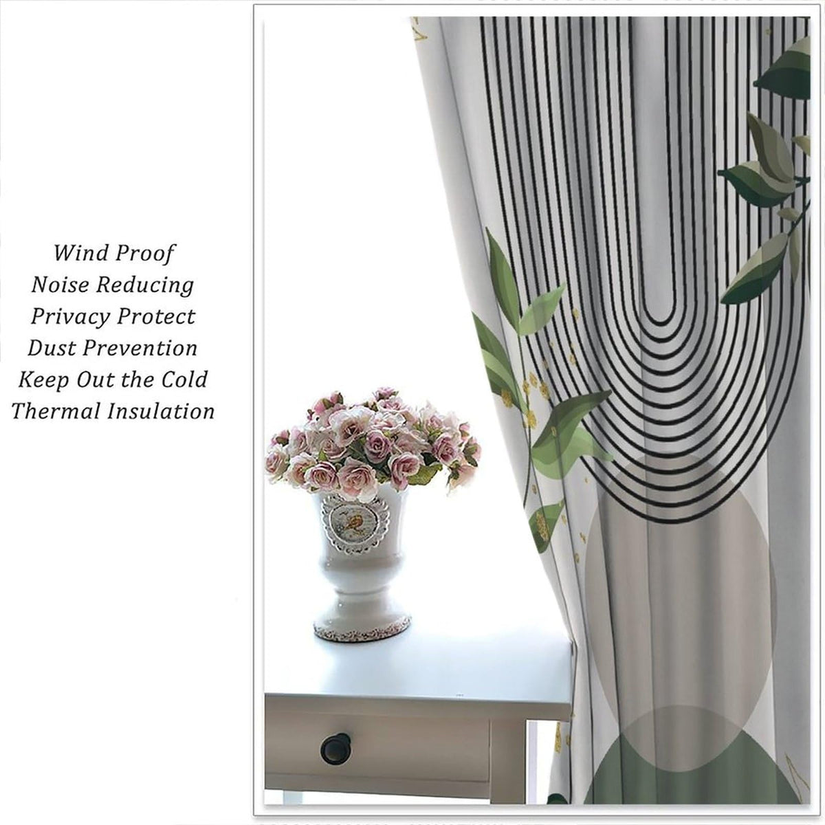 Boho Leaf Curtains, Mid Century Abstract Green Leaves Tropical Plants Modern Minimalist Window Treatments for Bedroom Living Room Kitchen Cafe Bohemian Drapes, 42x45 Inch Decor