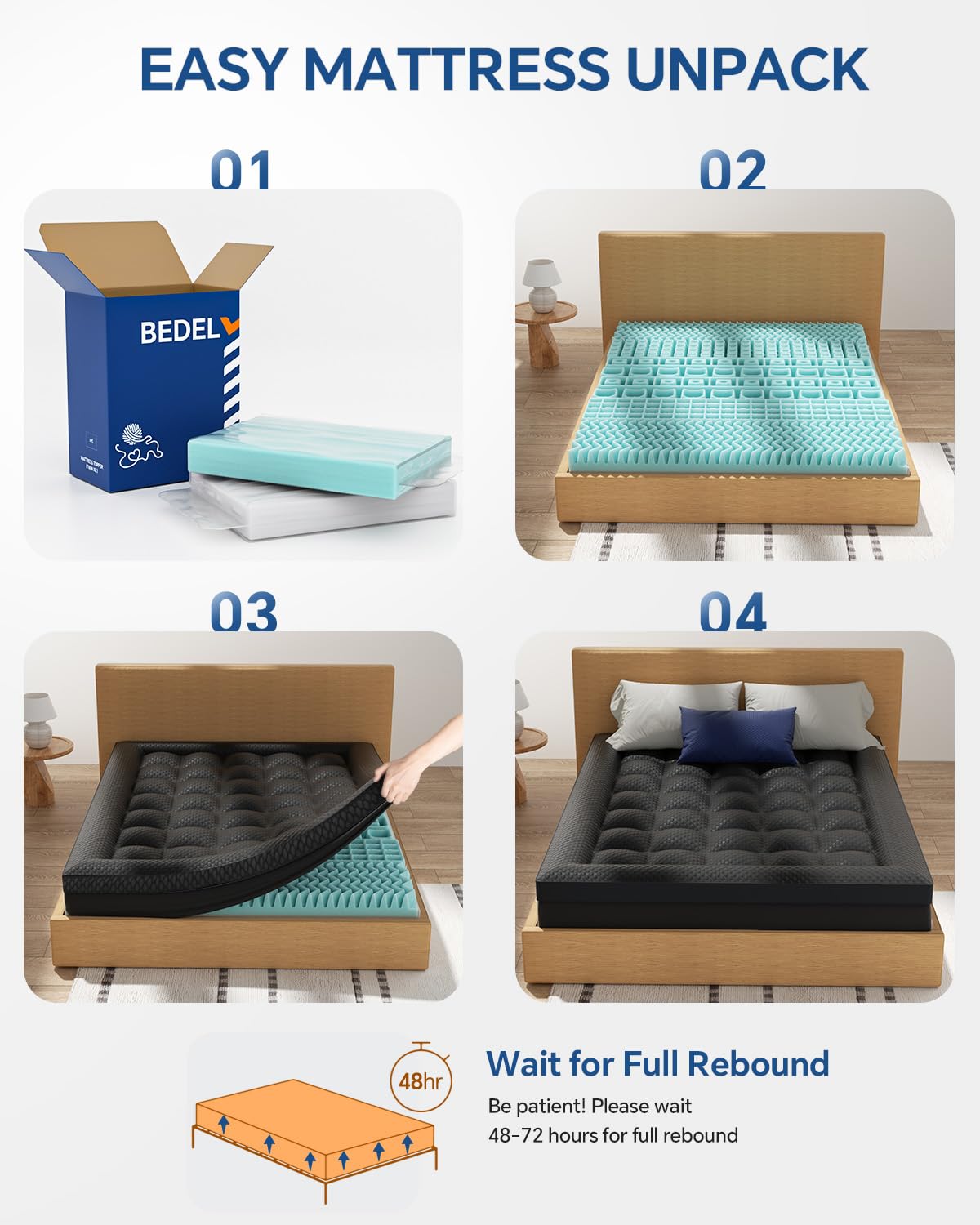 BEDELITE Dorm Room Essentials, Dual Layer 4 Inch Twin XL Memory Foam Mattress Topper for College Students Back to School, 2 Inch Pillow Top Mattress Pad and 2 Inch Cooling Gel Foam (Black)