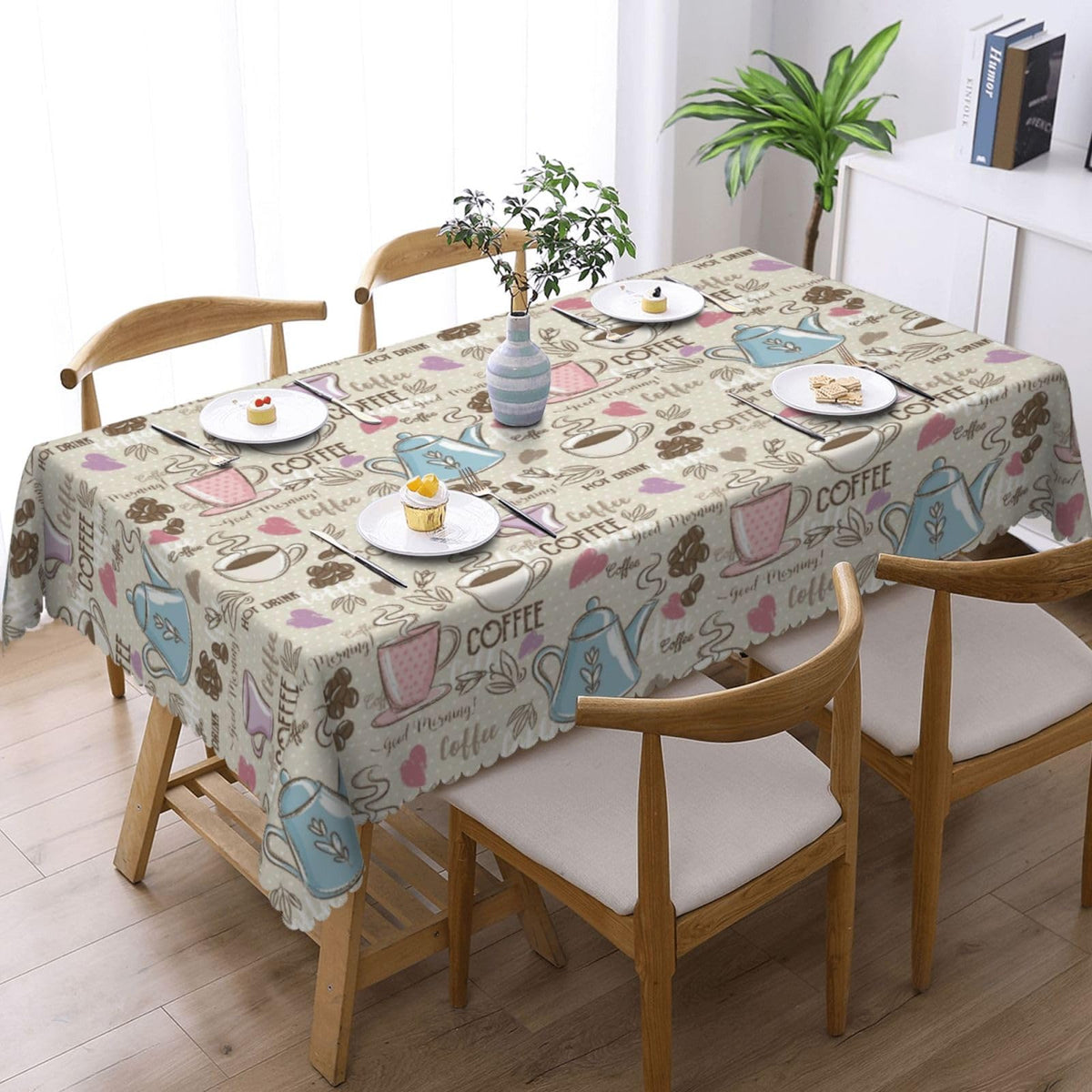 LALIMEYA Coffee Print Tablecloth Beans Polka Dot Rectangle Table Cloth Colorful Tea Cup Heart Doodles Themed Washable Table Cover with Wavy Edging Suitable for Party Dinner 54×72 Inch