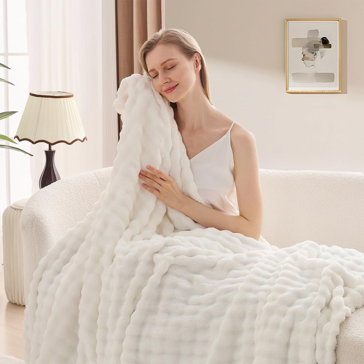 3D Bubble Plush Blanket Textured Fleece Throw Soft Warm Cozy Blanket Couch Bed Throw Snow White 50x60 Inches