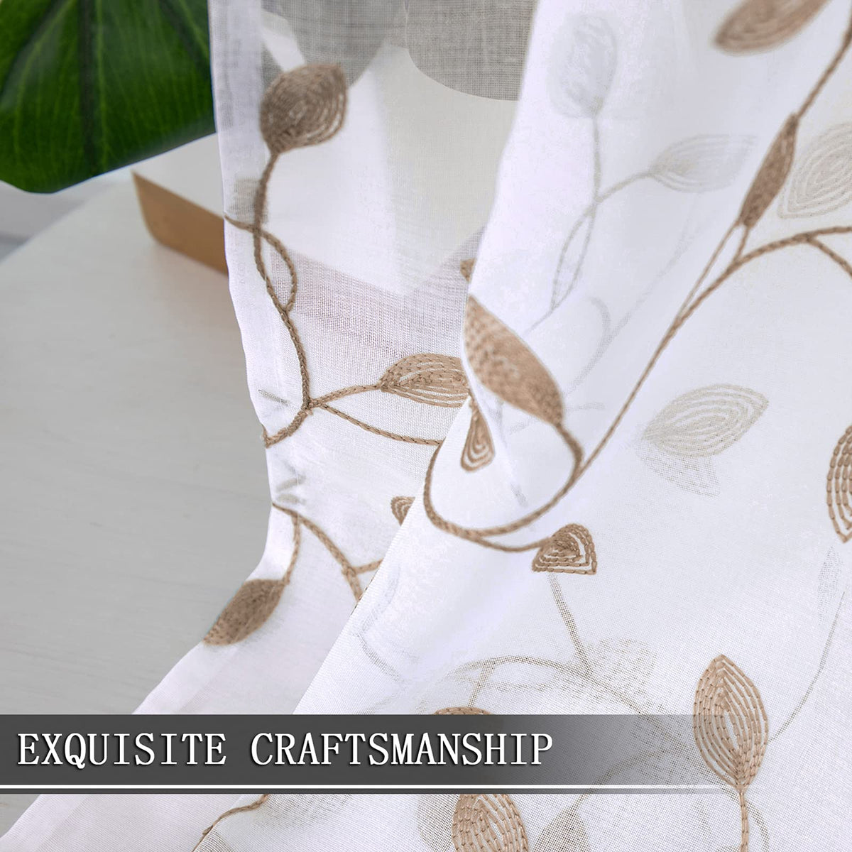 Tollpiz Leaves Sheer Curtains Taupe Leaf Embroidery Bedroom Curtain Rod Pocket Voile Faux Linen Embroidered Leaves Curtains for Living Room, 54 x 63 inches Long, Set of 2 Panels