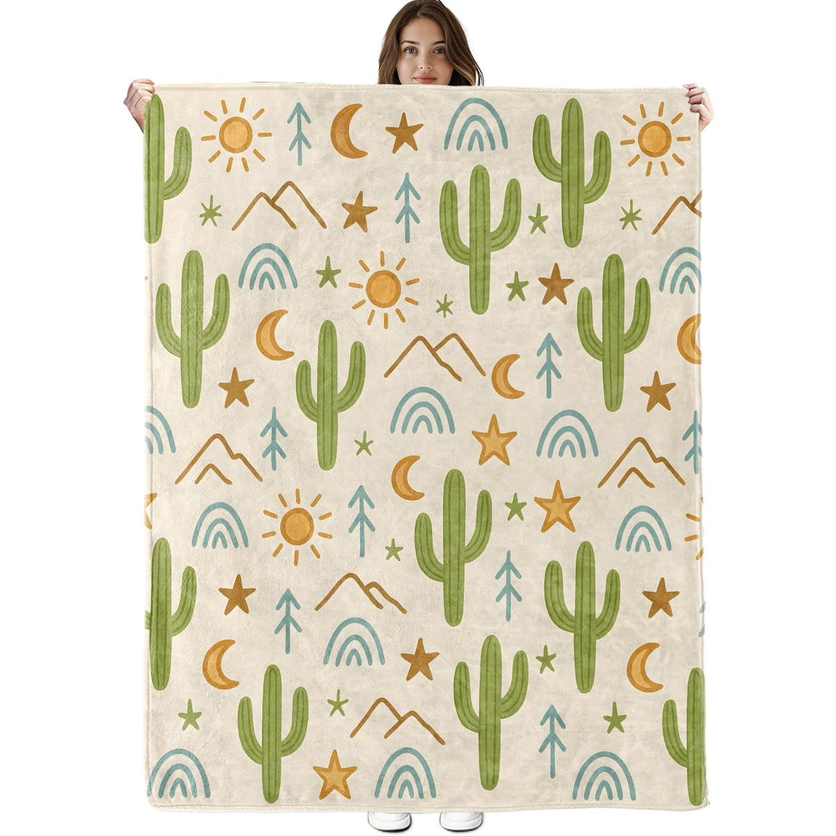 Cactus Blanket, Lightweight Cozy Sun, Moon, Stars and Desert Elements Throw Blanket Gifts for Women Men Boys Kids, 50×60 Inch Soft Warm Cacti‌ Flannel Throws for Bed Decor Travel Couch