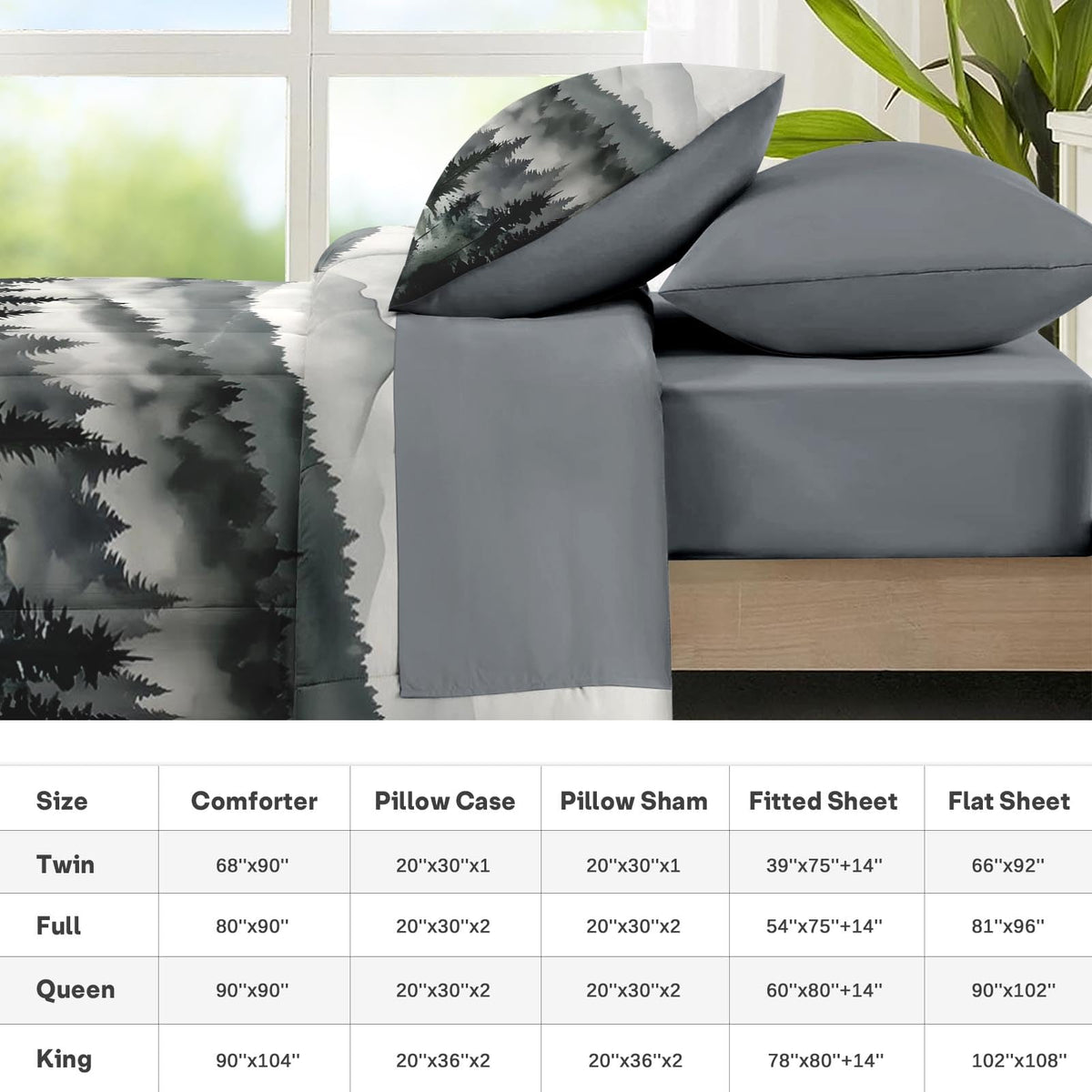 Nesker Comforter Set Full Size, Ink Forest 7 Pcs Bedding for Kids and Adults, Misty Mountains Bed Sheet Sets with Fitted Sheet 2 Pillowcases & 2 Shams