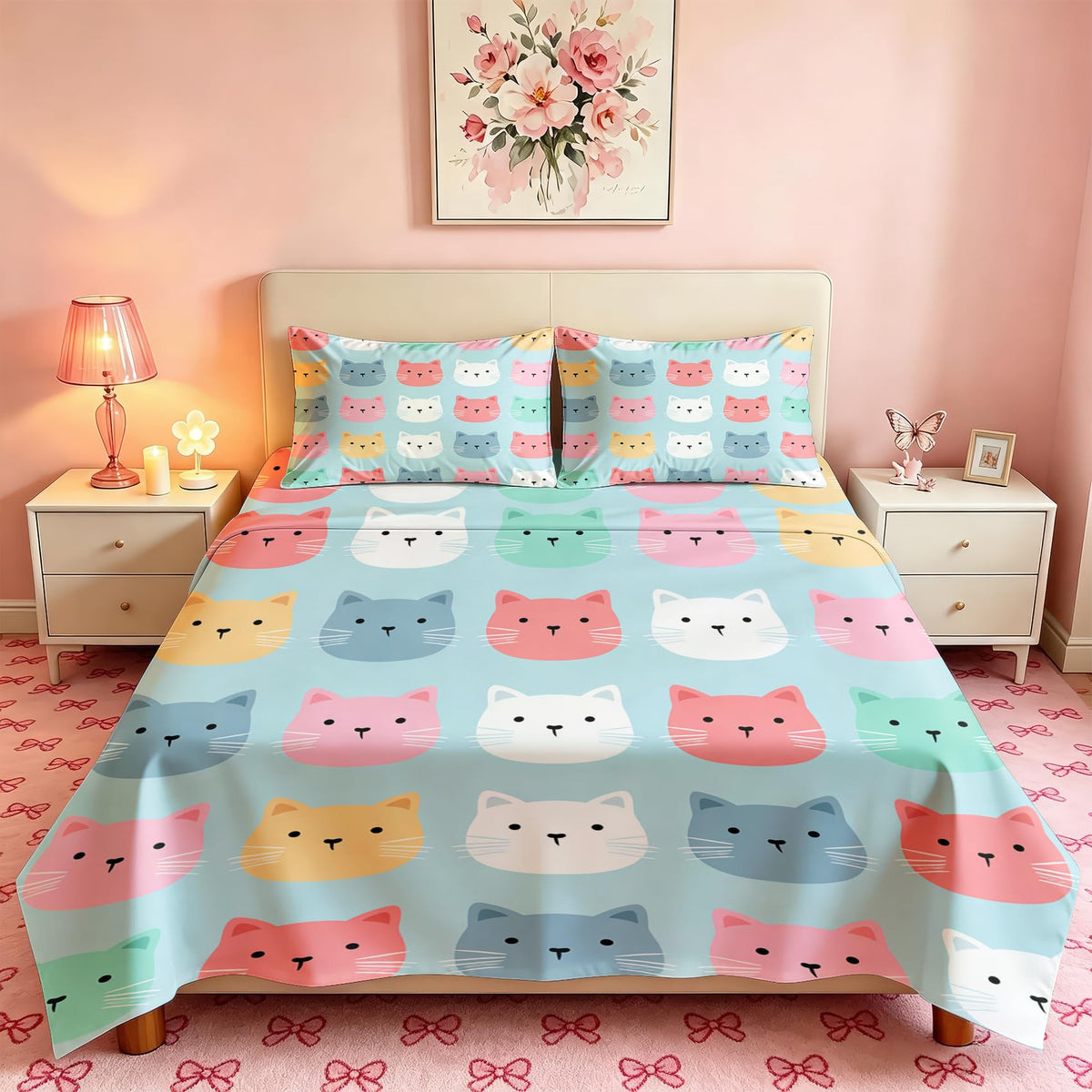 Cute Cat Sheet Set, 4 Pcs King Size Girls Kitten Bed Sheets