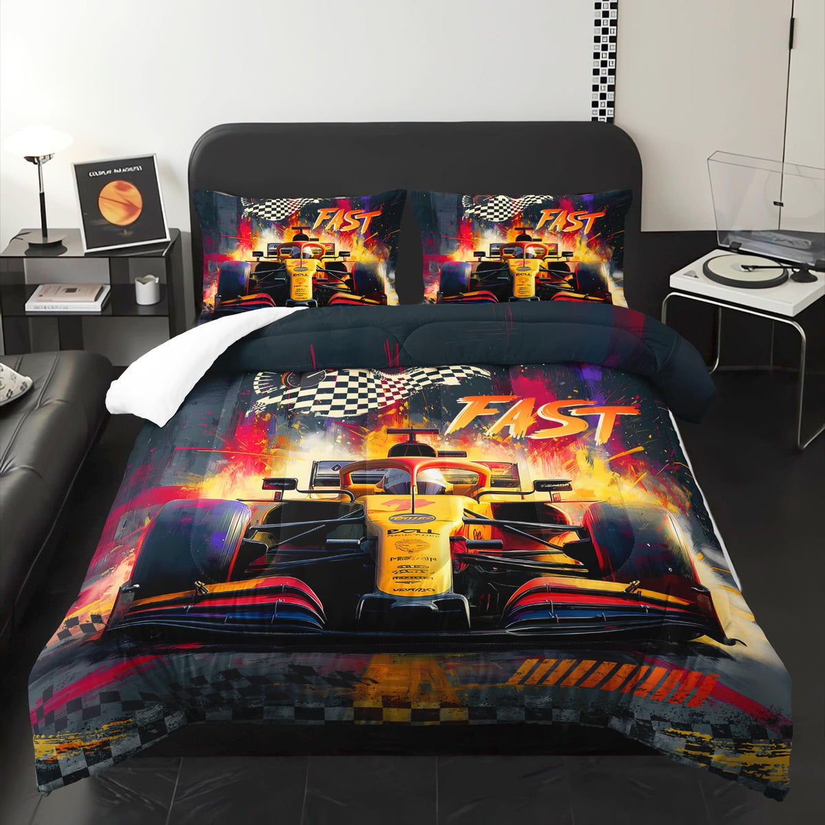 lneffble F1 Race Car Comforter Set Full for Boys，Boys Full Size Bedding Set Race Car，with 1 Comforter with 2 Pillow Case，F1 Race Car Themed Bedroom Decor