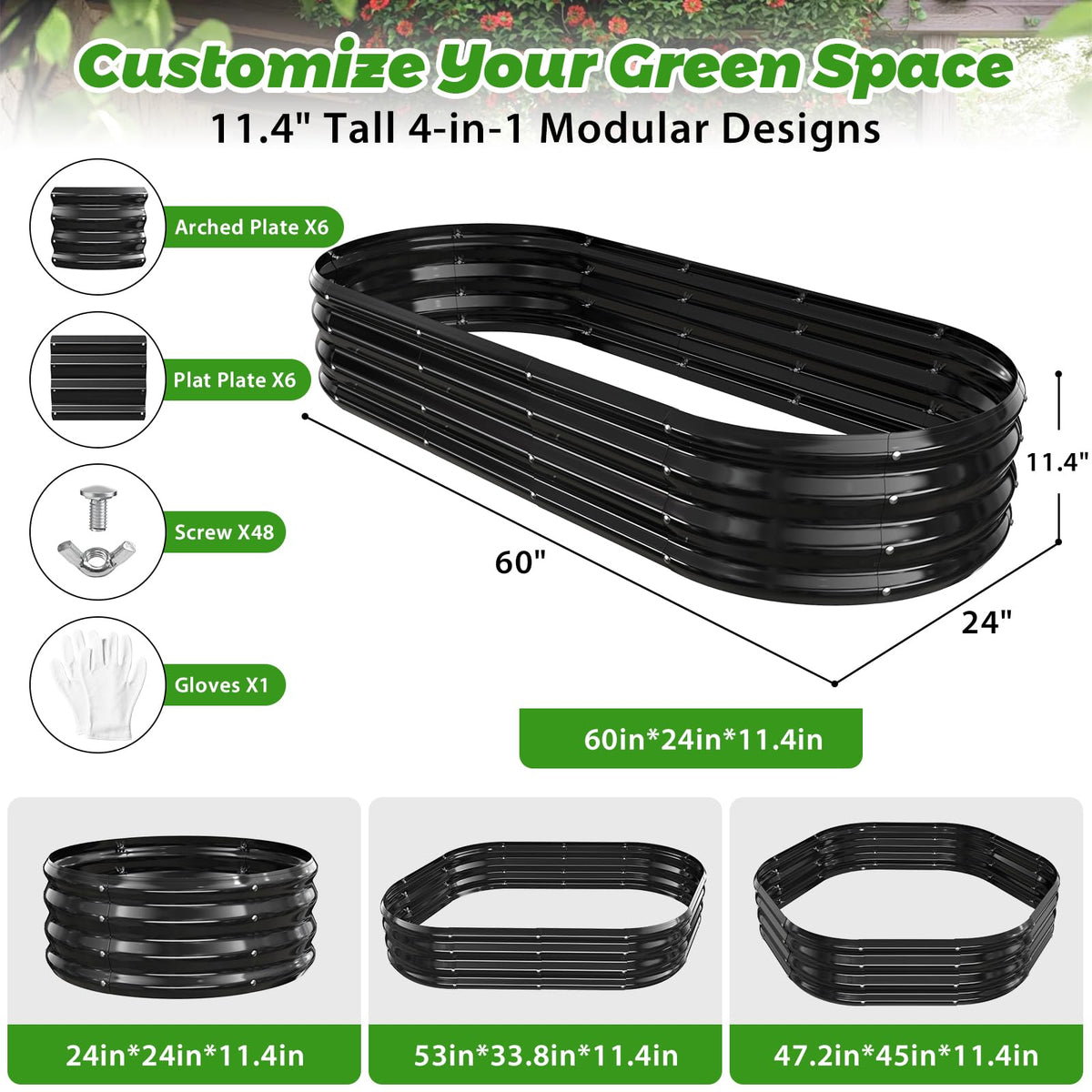 VAMFUTRE Oval Raised Garden Bed, 5 x 2 x 1FT, Galvanized Steel Planter Box with Wave-Shaped Metal Panels Painted for Outdoor Flower,Tree,Herb & Vegetable Garden (Black, 60X24X12 inches)