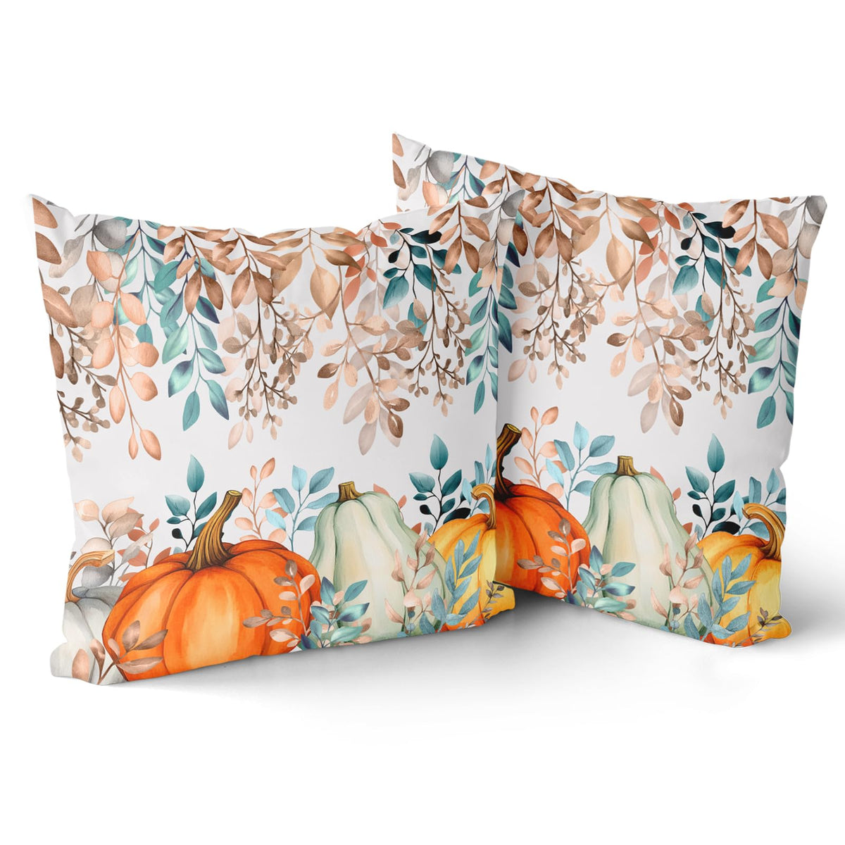 Giwawa Fall Pumpkin Pillow Covers 18x18 Inch Teal Orange Autumn Leaves Throw Pillow Case Decorative Thanksgiving Cushion Cover for Home Couch Sofa Farmhouse, Set of 2