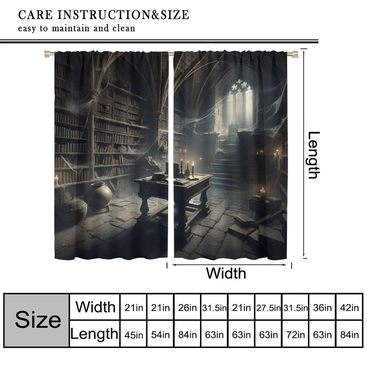 Nsbul Gothic Library Curtains, Mysterious Halloween Spooky Bookshelf Webs Dark Decor Window Treatment for Bedroom Living Room Festive Holiday, 42" W X 45" L(No Blackout)