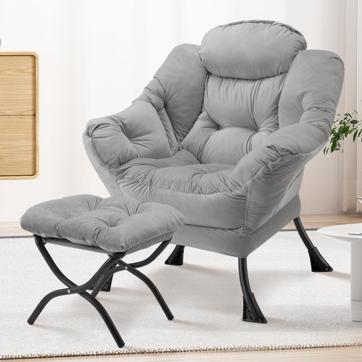 Congermom Lazy Chair with Folding Ottoman Modern Large Accent Chair,Contemporary Lounge Leisure Sofa Chair with Armrests Upholstered Sofa Armchair Reading Chair for Bedroom,Dorm&Office (Light Grey-f)