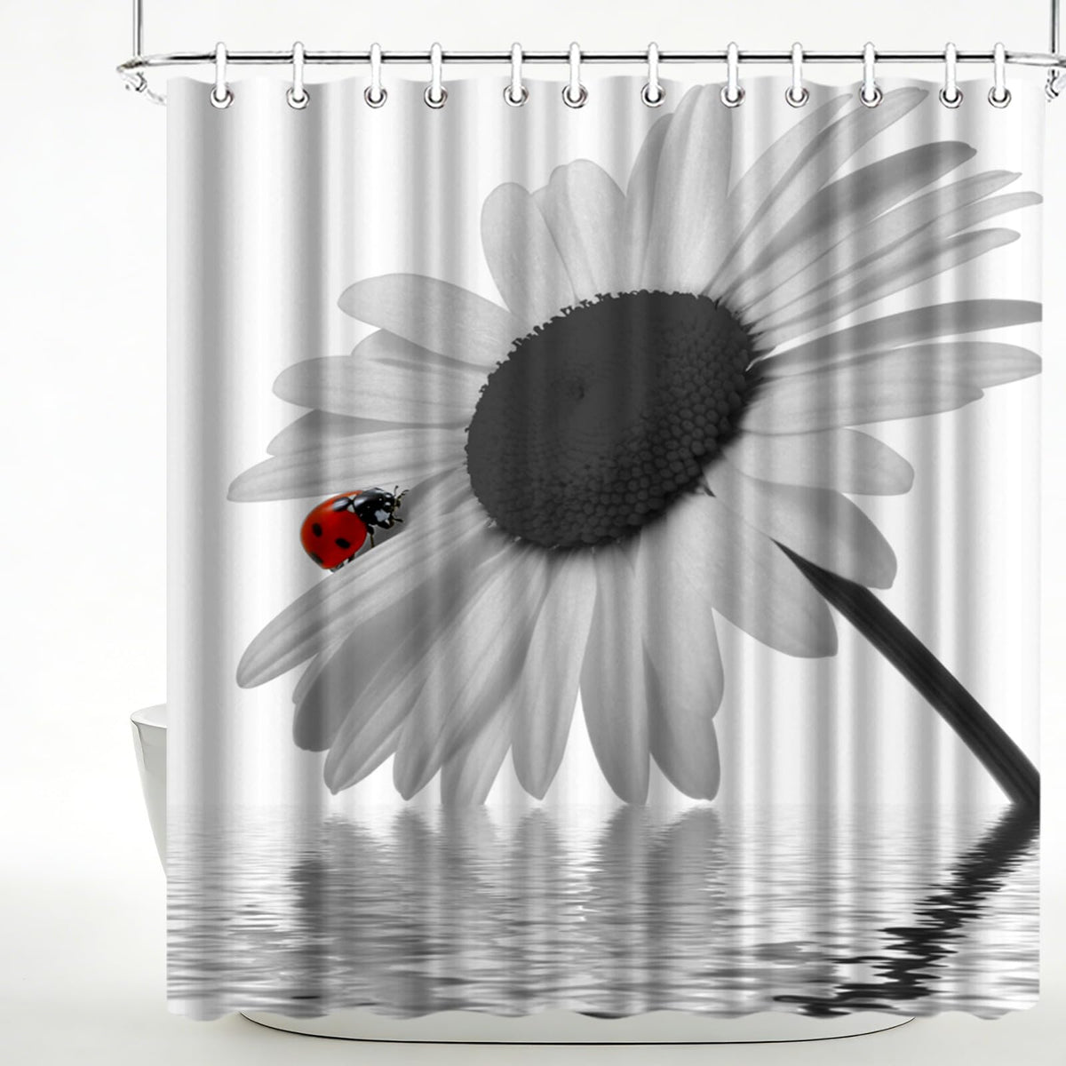 LeAquaNook Sunflower Shower Curtain Black and White Flower with Red Ladybug Design Print Home Decor Waterproof Polyester Fabric 72 x 72 inches Set with Hooks