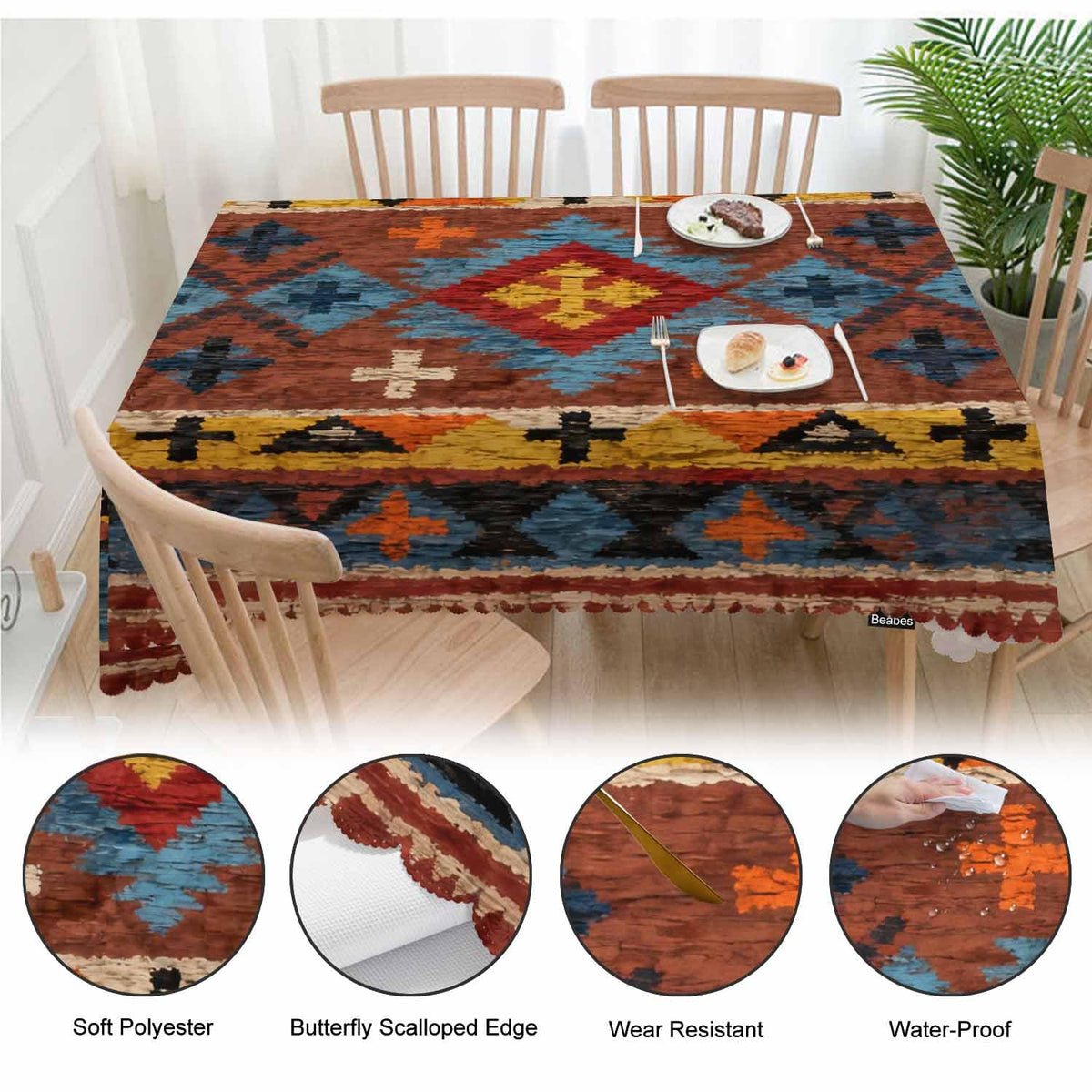 Beabes Tribal Pattern Decorative Table Cover for Kitchen, Ethnic Chevron Native American Style Red Oblong Tablecloth Dining Table Cloth Tabletop Tablecloths for BBQ Picnic Coffee 52"X70"