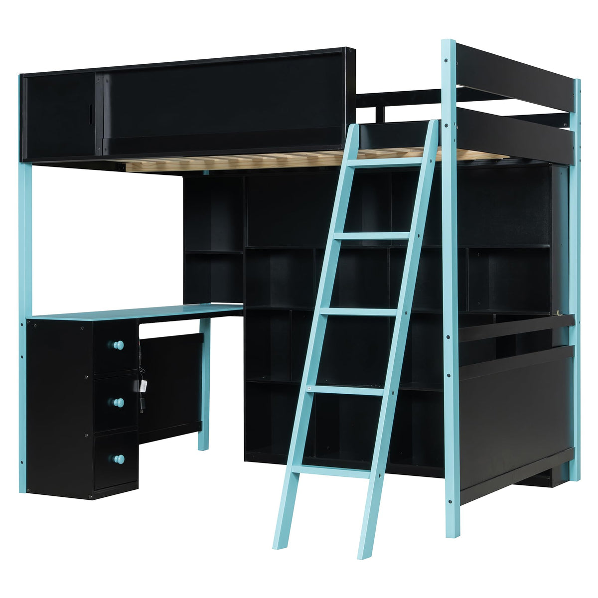 HRJHLucky Full Size Wood Gaming Loft Bed Frame with Desk, Ample Storage Space and Light for Bedroom (Blue)