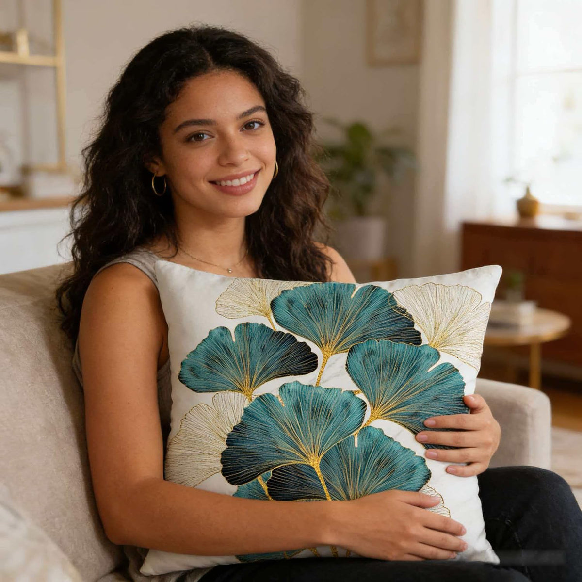 F Finerease Throw Pillow Cover Teal Ginkgo Leaves - 18 x 18 Inch Turquoise Pillow Cushion Cover - Set of 2 Square Cushion Case, Great for Sofa, Bedroom, Yard, Living Room Home Decor