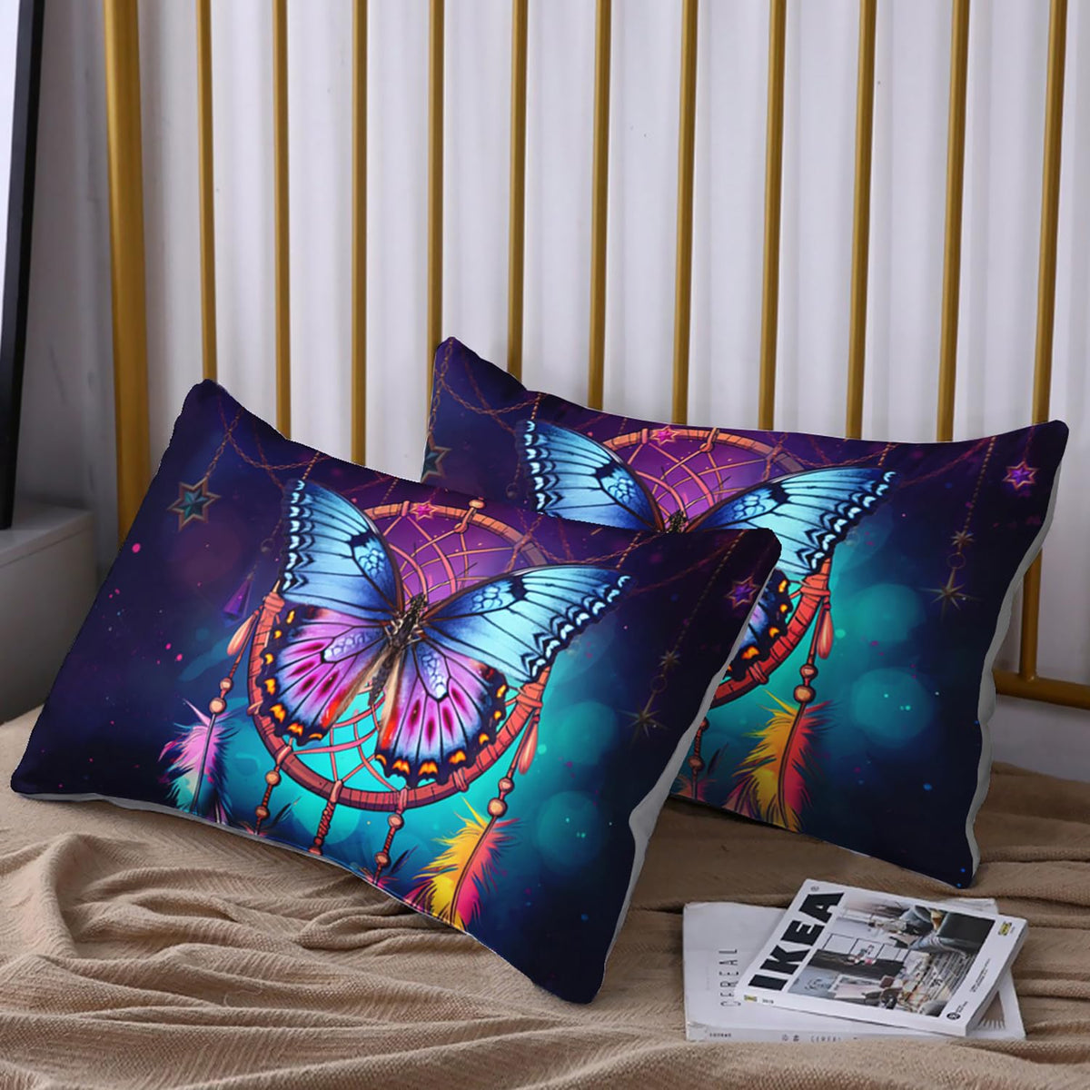 HOSIMA Dream Catcher Fitted Sheet Set 3Pcs,Indian Hippie Feather Boho Bedding Toddler Room Decor for Girls Boys,Native American Gypsy Butterfly Bed Set Twin Bed in a Bag Set for Adults Teens.