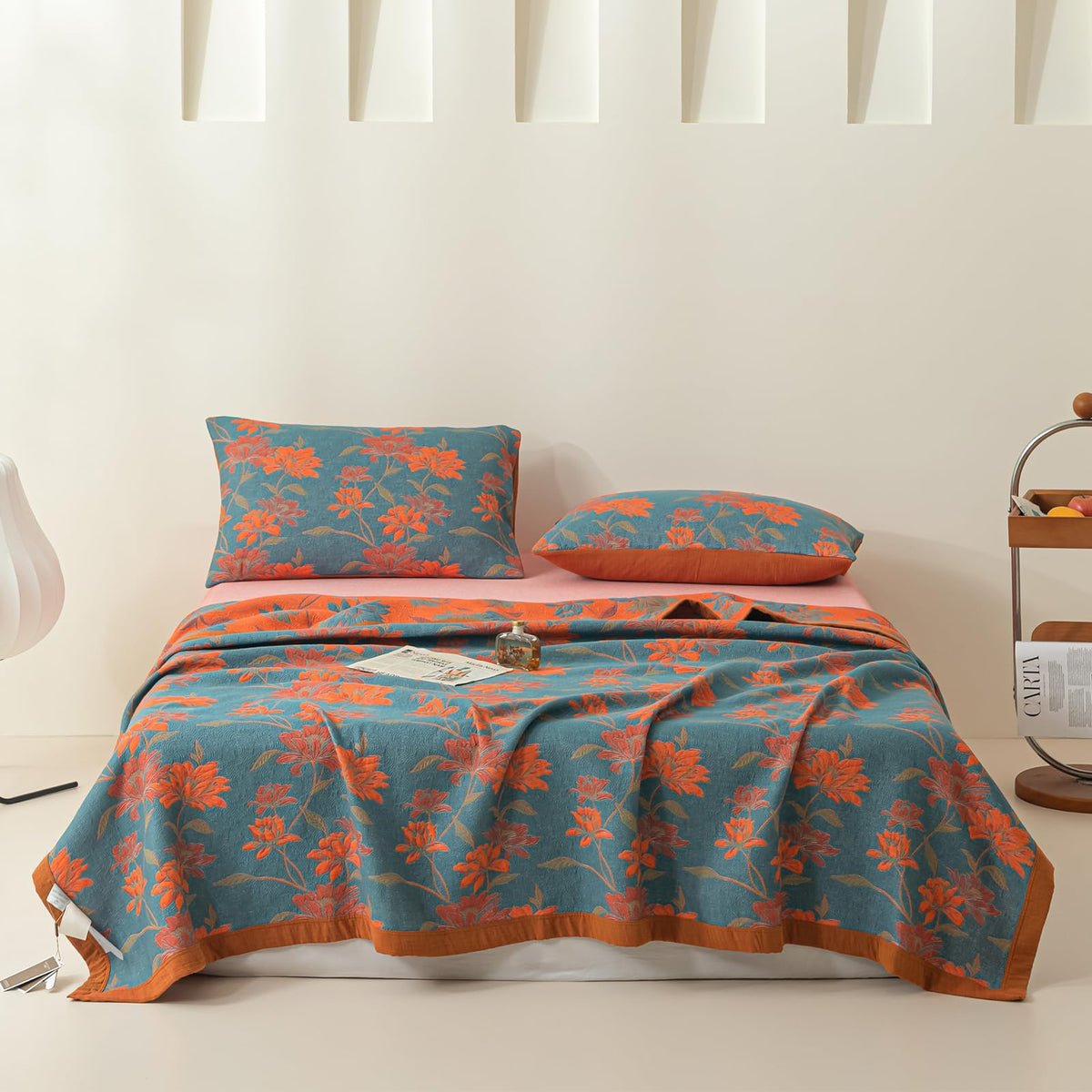 Purefair 100% Cotton Muslin Blanket Jacquard Floral Flowers Bloosom Print Quilt, Soft Bed Cover Reversible Bedspread Coverlet Breathable Lightweight Bedding Full/Queen(78"x94"), No Pillow Sham