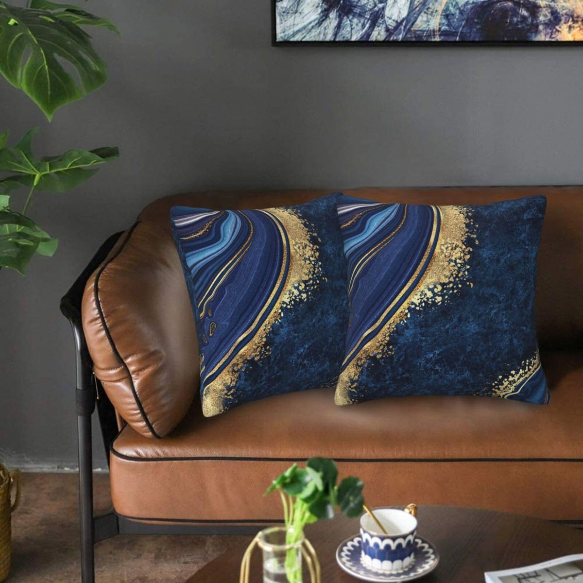 Lcokin Navy Blue and Gold Marble Throw Pillow Cover 18x18 in Set of 2 Cushion Modern Farmhouse Pillow Covers Soft Pillow Cases Decor for Couch Sofa Living Room Bedroom Home