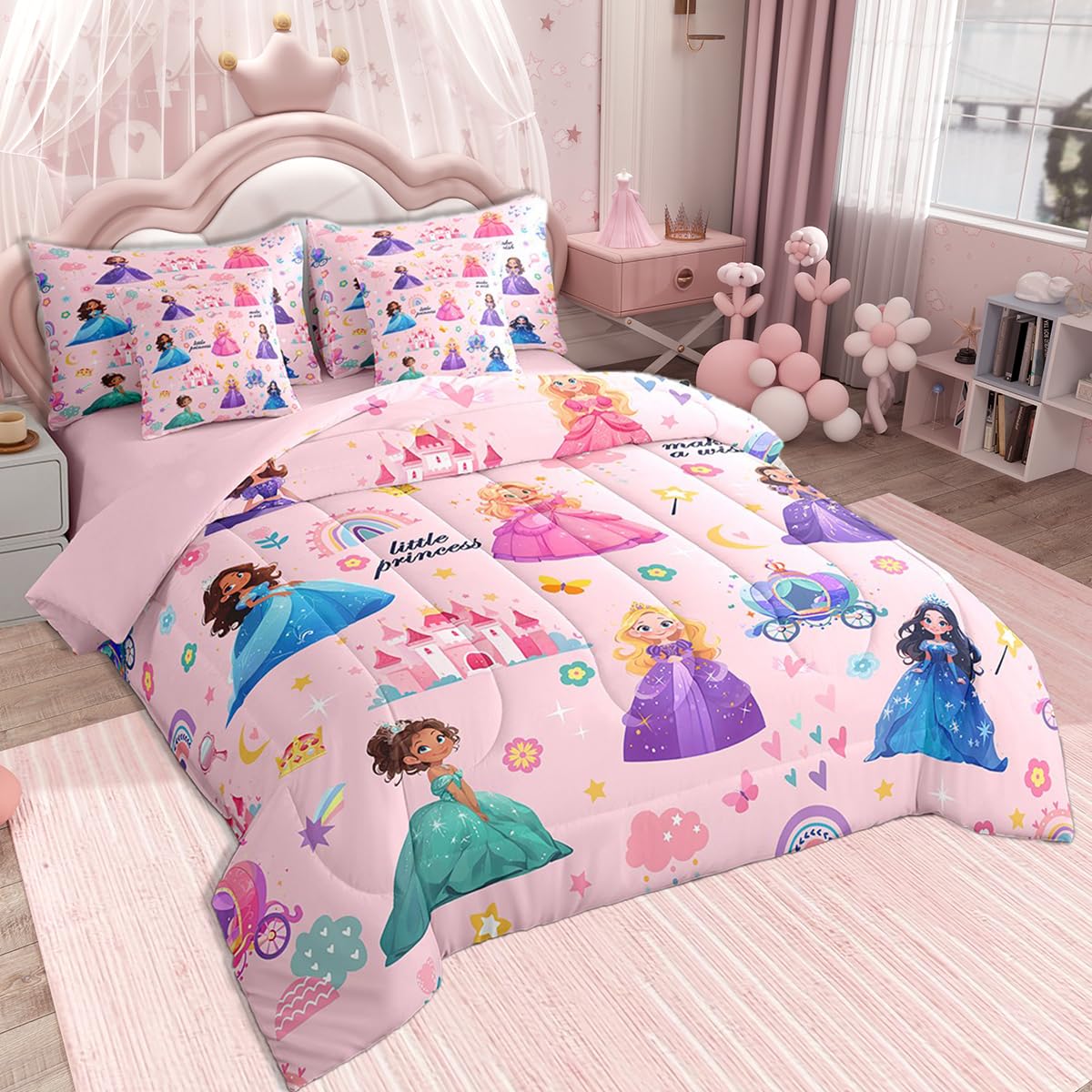 jejeloiu Kids 7 Piece Princess Bedding Set Twin Size Pink Castle Bed Set Includes Comforter, Sheet Set, Pillowcases & Pillow Covers Bedroom Decor Fairy Dreamy Bed in a Bag Breathable Soft