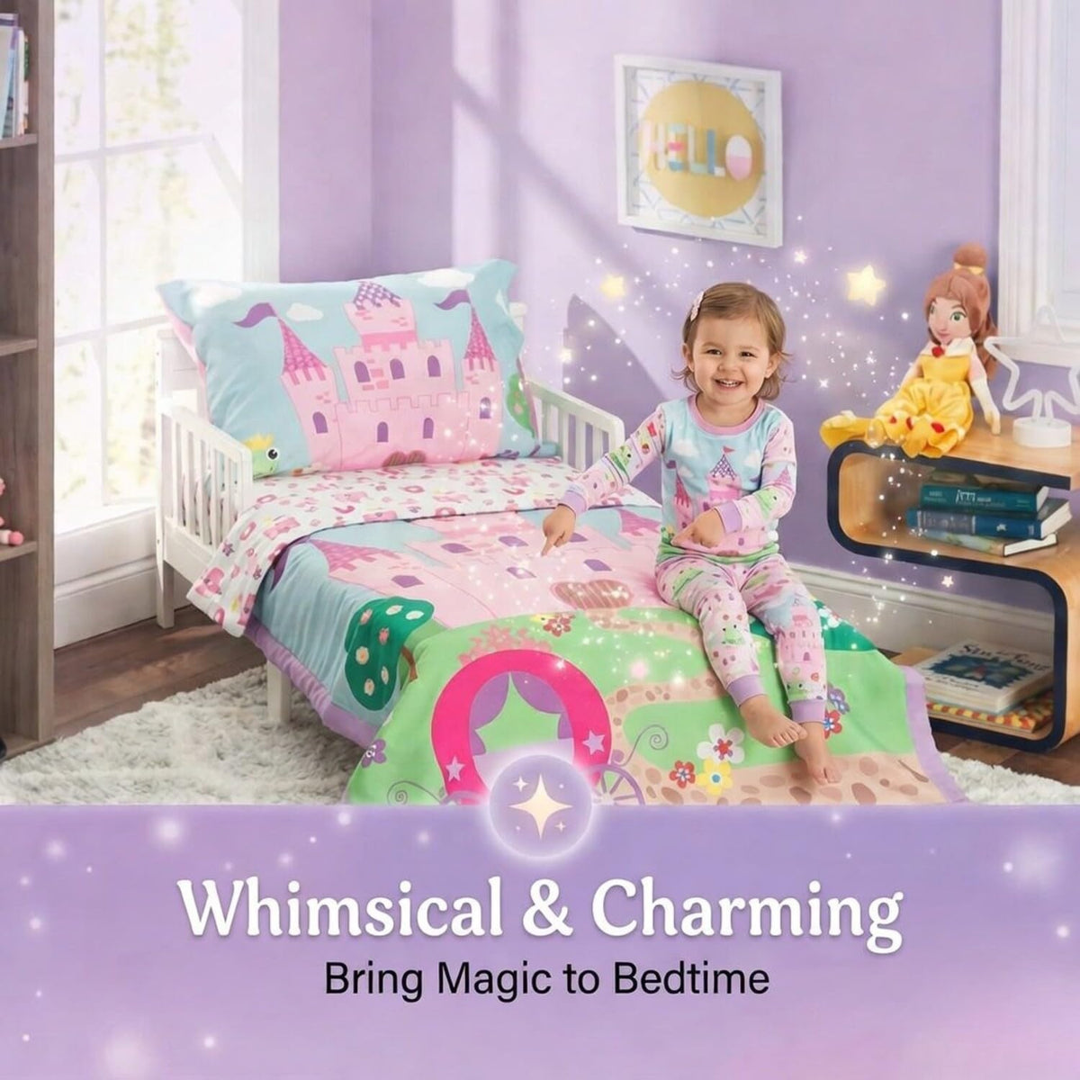 EVERYDAY KIDS 4 Piece Toddler Bedding Set -Princess Storyland- Includes Comforter, Flat Sheet, Fitted Sheet and Reversible Pillowcase