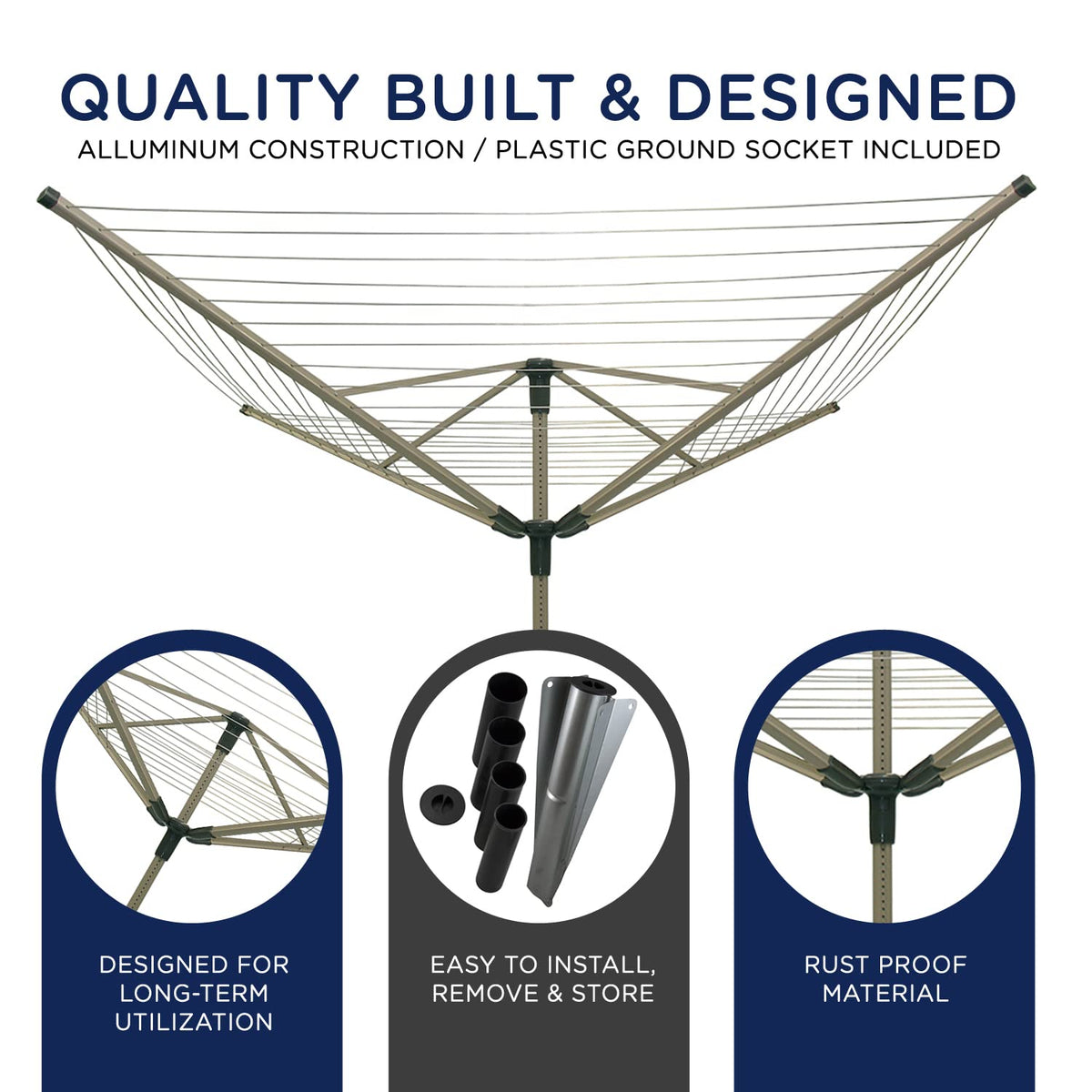 Strata Heavy Duty Rotary Outdoor Drying Rack - 194 Feet Umbrella Clothesline Outdoor Dryer, Light Weight Aluminum Frame Outside Clothes Drying Rack, Sahara Beige