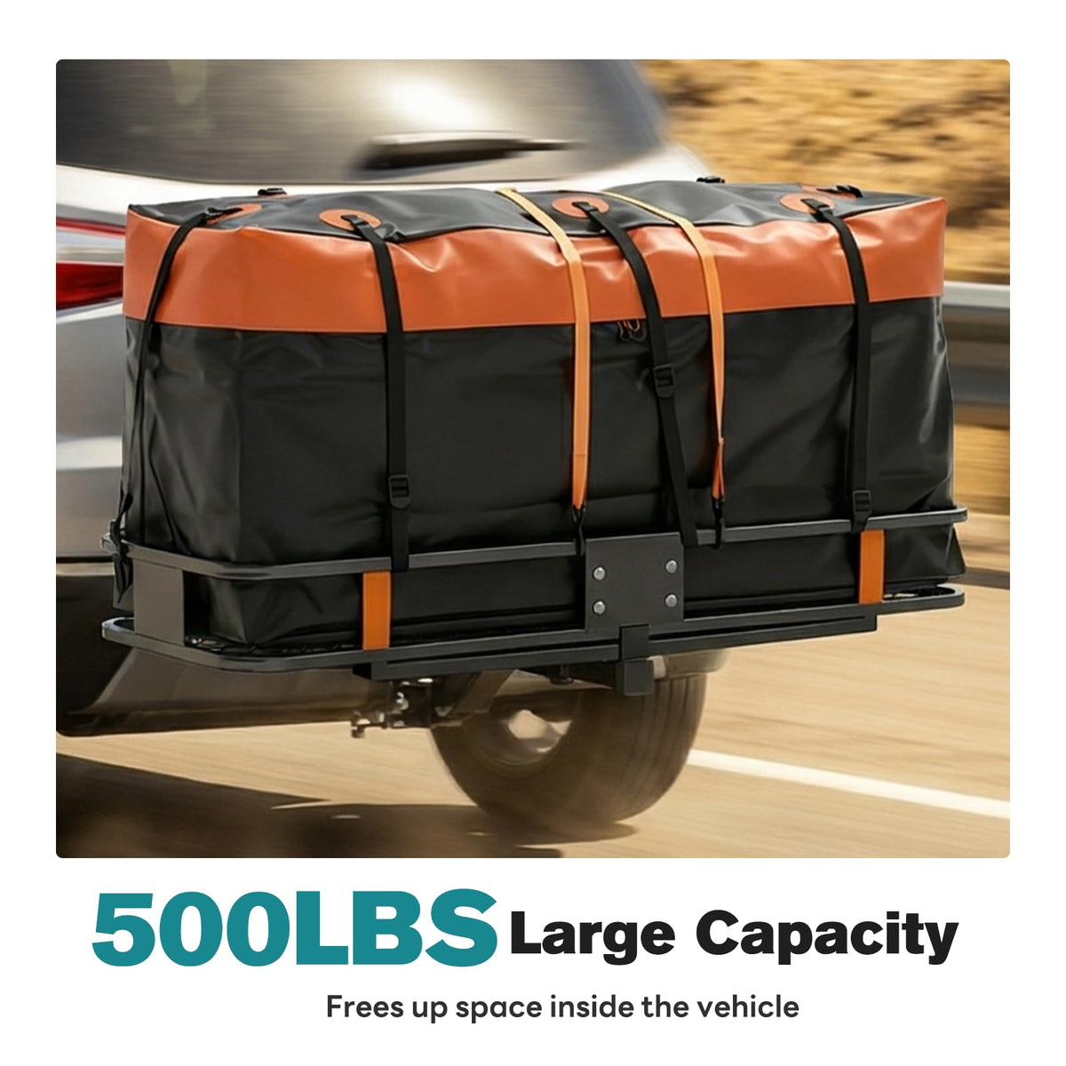 OLIXIS Folding Hitch Mount Cargo Carrier Basket 60x21x6 with Waterproof Luggage Bag 16 Cubic Feet, 500 Lbs Capacity Cargo Basket, with Hitch Stabilizer, Straps, Net