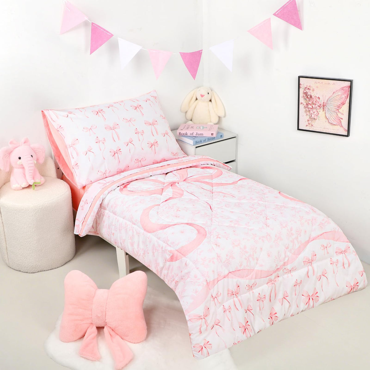 DAYEEBALL 4 Piece Toddler Bedding Set, Ultra Soft and Breathable Toddler Comforter Sets for GirlsIncludes Quilted Comforter, Fitted Sheet, Flat Sheet and Pillowcase, Pink Bow