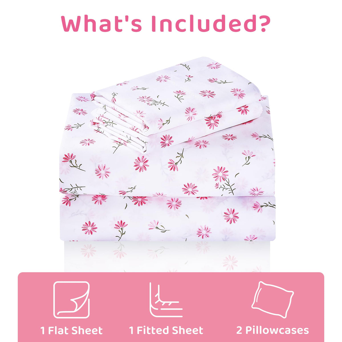Mooreeke Cozy Vintage Microfiber Printed Floral Queen Sheet Set - Soft & Breathable Pink Daisy Bed Sheets with Extra Deep Pocket - Non-Slip Fitted Design - Daisy Pattern - Queen
