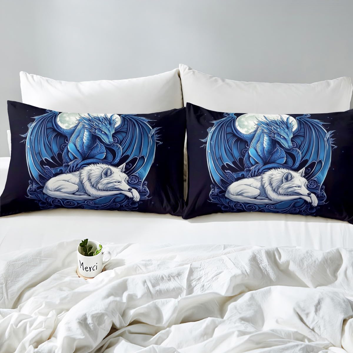Erosebridal Dragon Bed Sheets Set Twin Size for Boys, Wolf Animals Bedding Set, Tribal Exotic Wildlife Flat Fitted Sheet for Boys Adult Men Room, Moon Starry Sky Bed Set, Black Blue