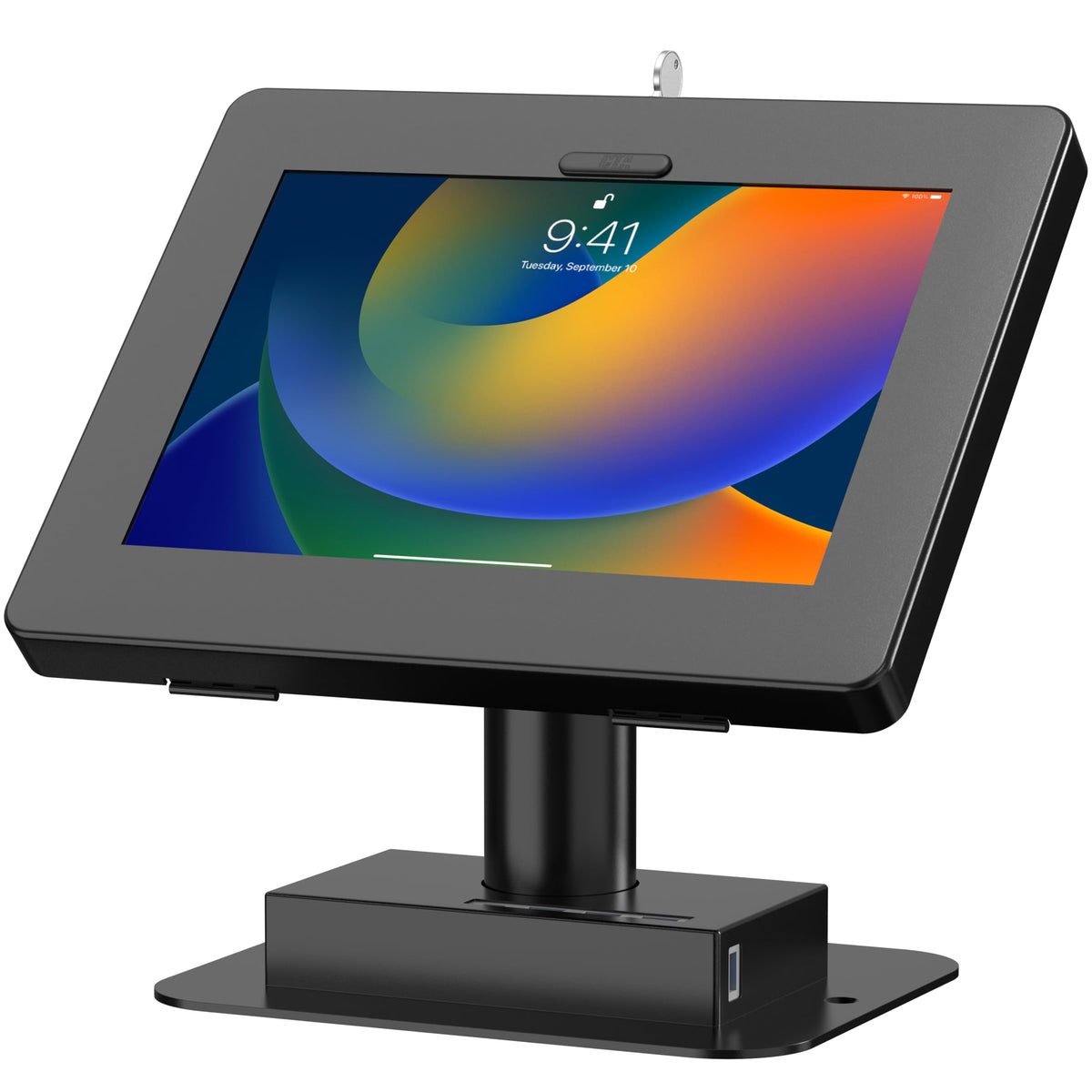 CTA Digital Integrated USB 3.0 Hub Desk Mount with Universal Security Enclosure for iPad 11 (A16) - Pro 11-inch M4 - Air 11-inch M3- iPad 10th Gen - Galaxy Tab & More Tablets - Black - (PAD-QRUSBKB)