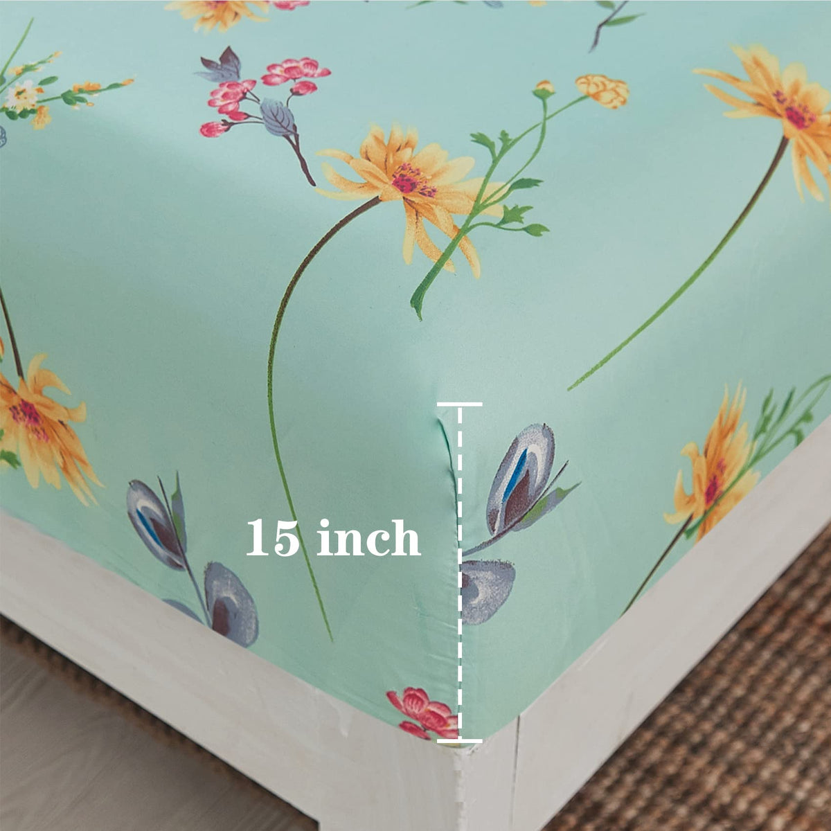 JSD Green Floral Printed Sheet Set King Size, 4 Piece Soft Botanical Microfiber Sheets Extra Deep Pocket