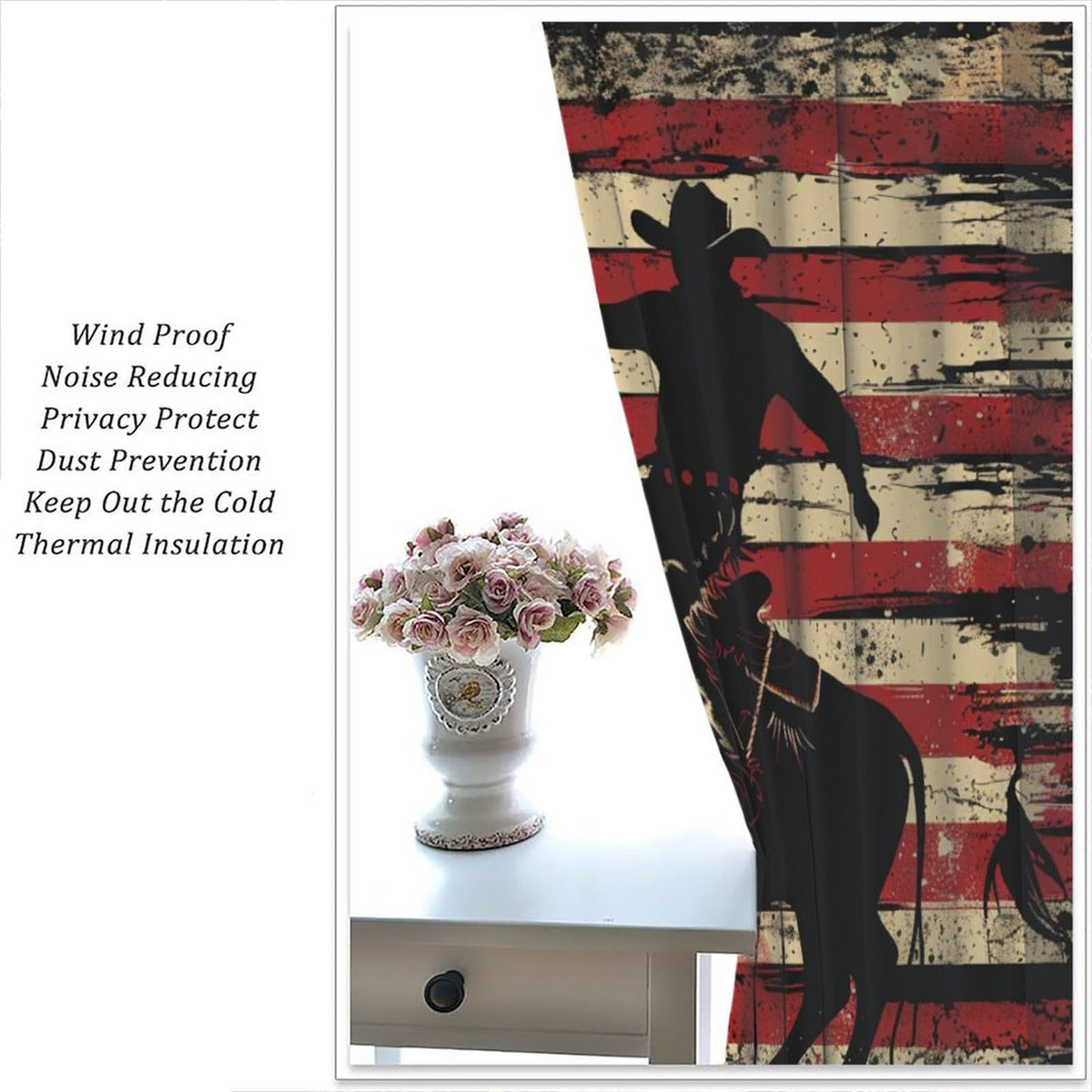 TOWINSFB Retro American Flag Blackout Curtains for Living Room Bedroom, Traditional USA Patriotic Western Cowboy Window Curtains Rod Pocket Thermal Insulated Window Drapes, 2 Panels, Each 21W x 45L