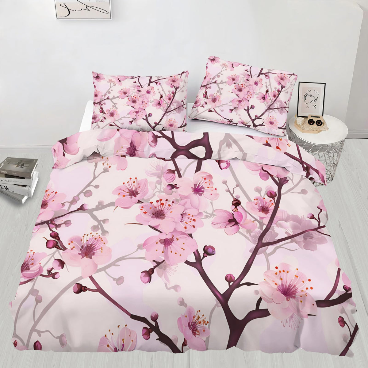 QINYUN Pink Floral Duvet Cover Oversized King, Cherry Blossoms Bedding Set 3 Piece, Girl Pink Flowers Duvet Cover with Zipper & Ties, 2 Pillowcases