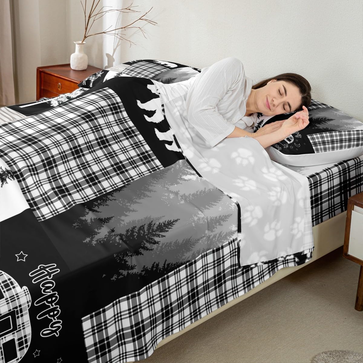 Erosebridal Bear Sheet Set Queen Size,Deer Hunting Woodland Rustic Cabin Bed Sheets for Boys Girls Kids Adult,Camping Adventure Geometric Plaid Patchwork Fitted Sheet,Xmas Pine Tree Sheets Gray Black