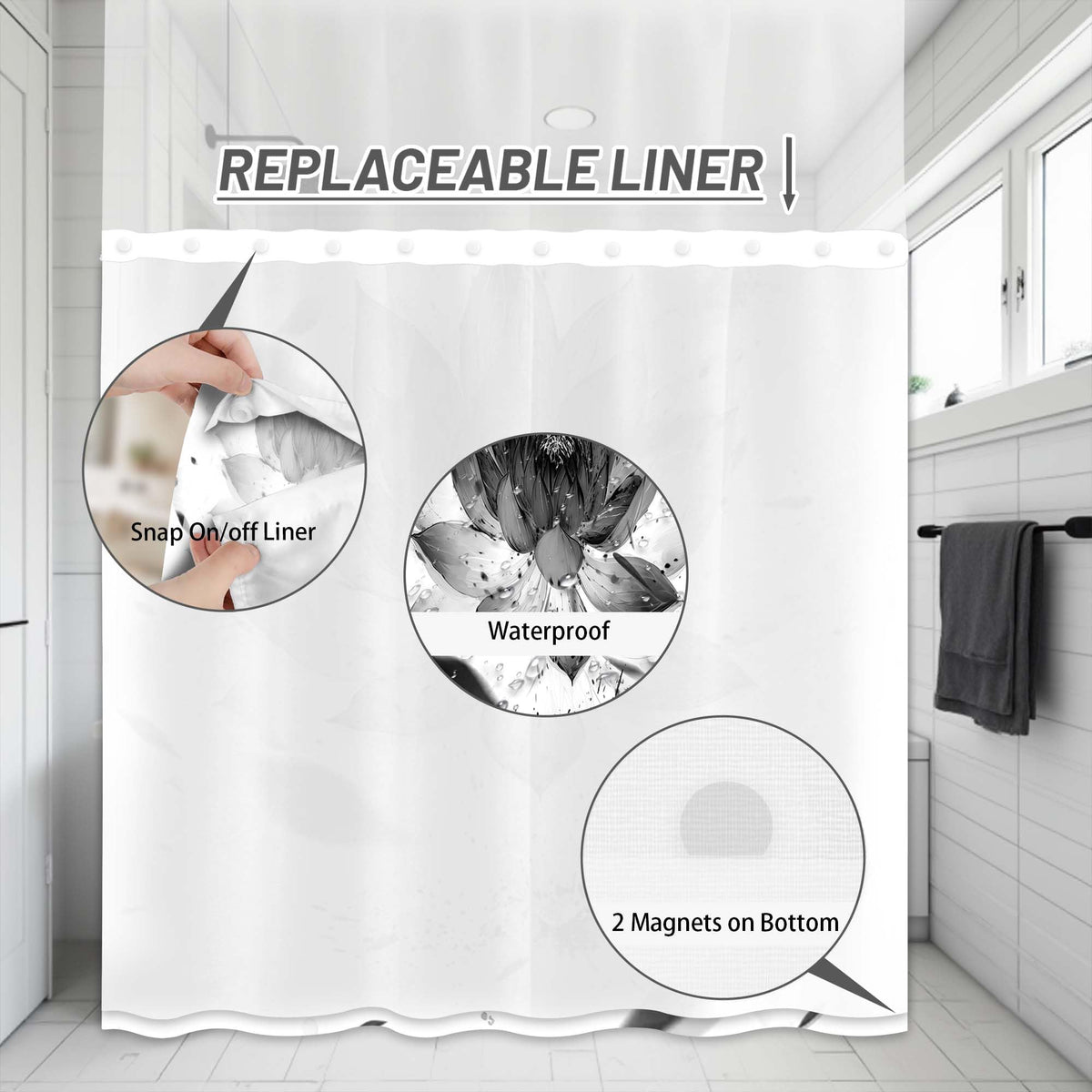 Yieldee Lotus Hookless Shower Curtain with Snap in Liner, Black and White