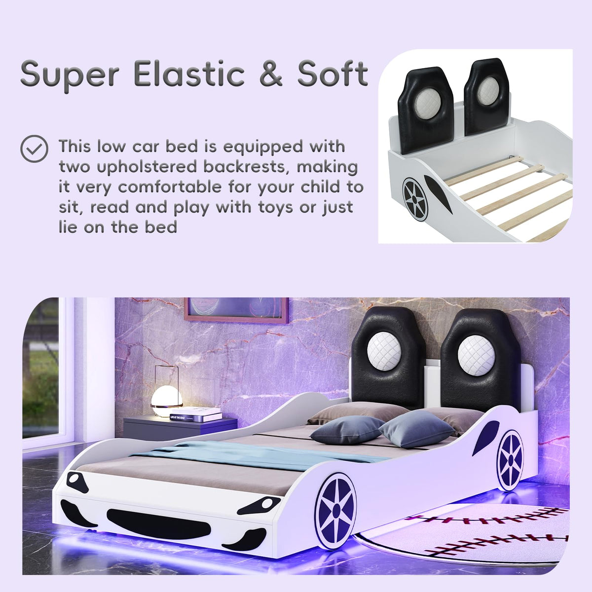 MaiDeHaoo Twin Bed Frames for Kids, Race Car-Shaped Bed Frame with LED Lights, Wheels and Upholstered Backrest for Boys, Girls, No Box Spring Needed, White