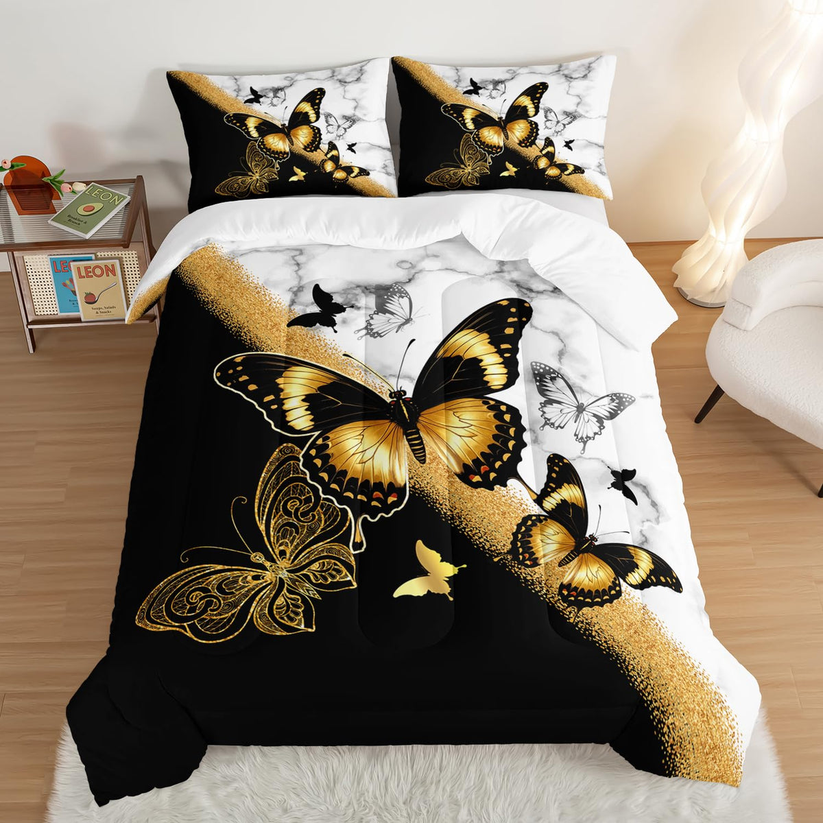 UEVBF Kids Bedding Queen Size Comforter Set,Black and Gold Butterfly Bedding Comforter Sets for Boys Girls Room Decor,Animal Themed Artistic Aesthetic Bedding Sets with 2 Pillowcases.