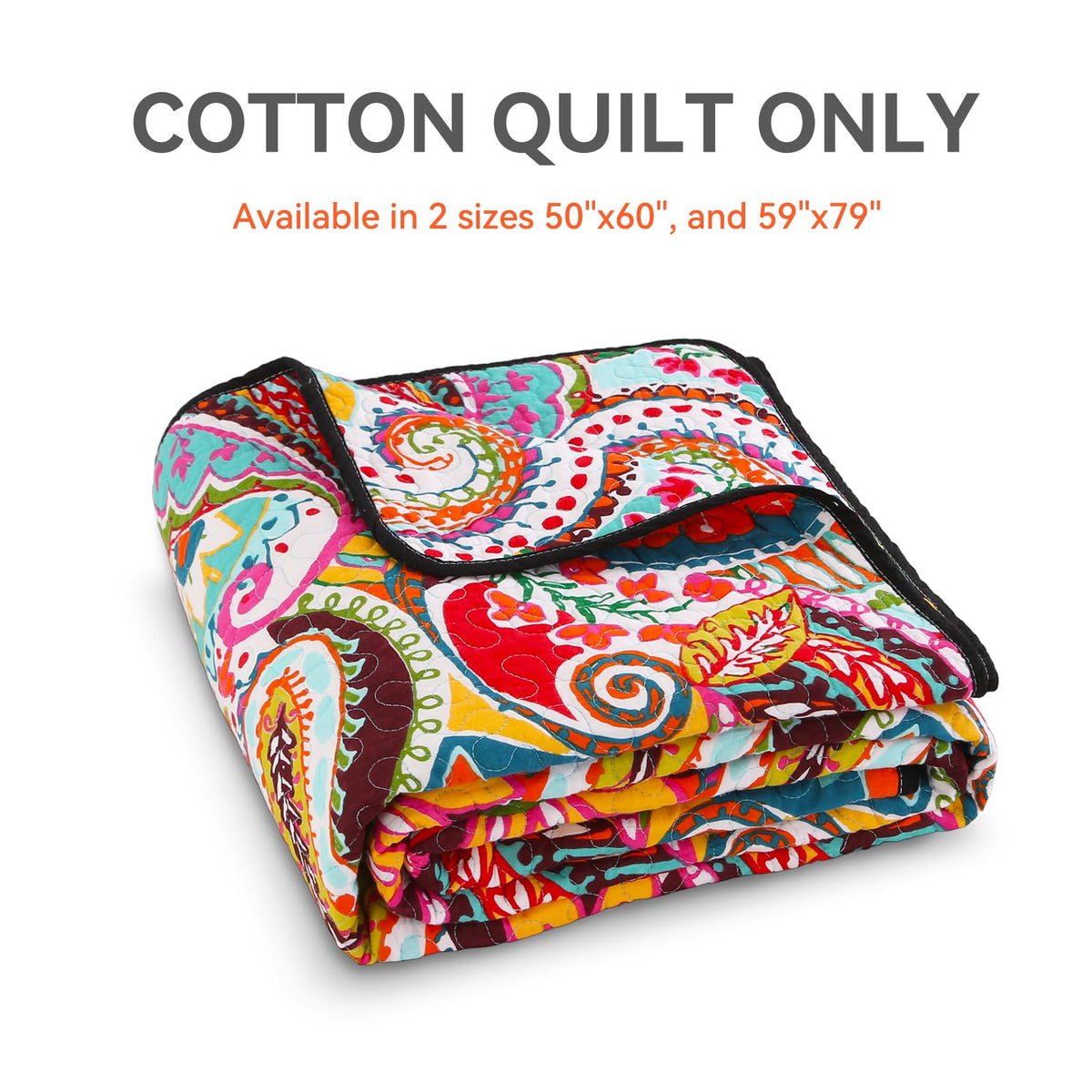 Qucover Cotton Quilted Throw Blanket, Soft Boho Quilt 59"x79", Bright Colorful Red, Orange, Pink and Blue Reversible Paisley Lightweight Quilts for Couch Sofa Beds